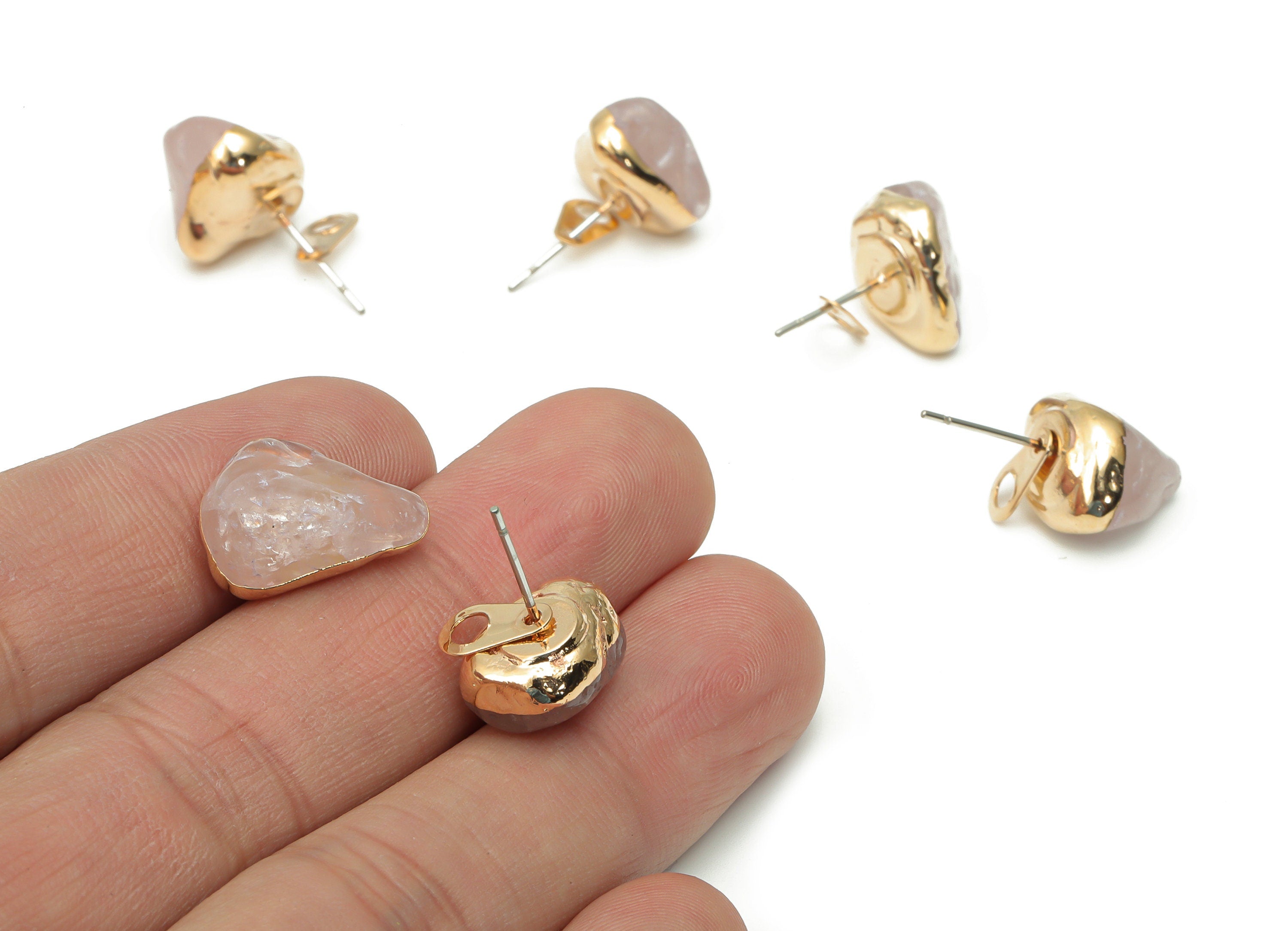Rose Quartz Stud with Loop - Natural Stone Earring Post -  Gold Tone Plated Stone – 316 Surgical Stainless Steel - 13.5x11.3x5.5mm – NS1762H - DOMEDBAZAAR