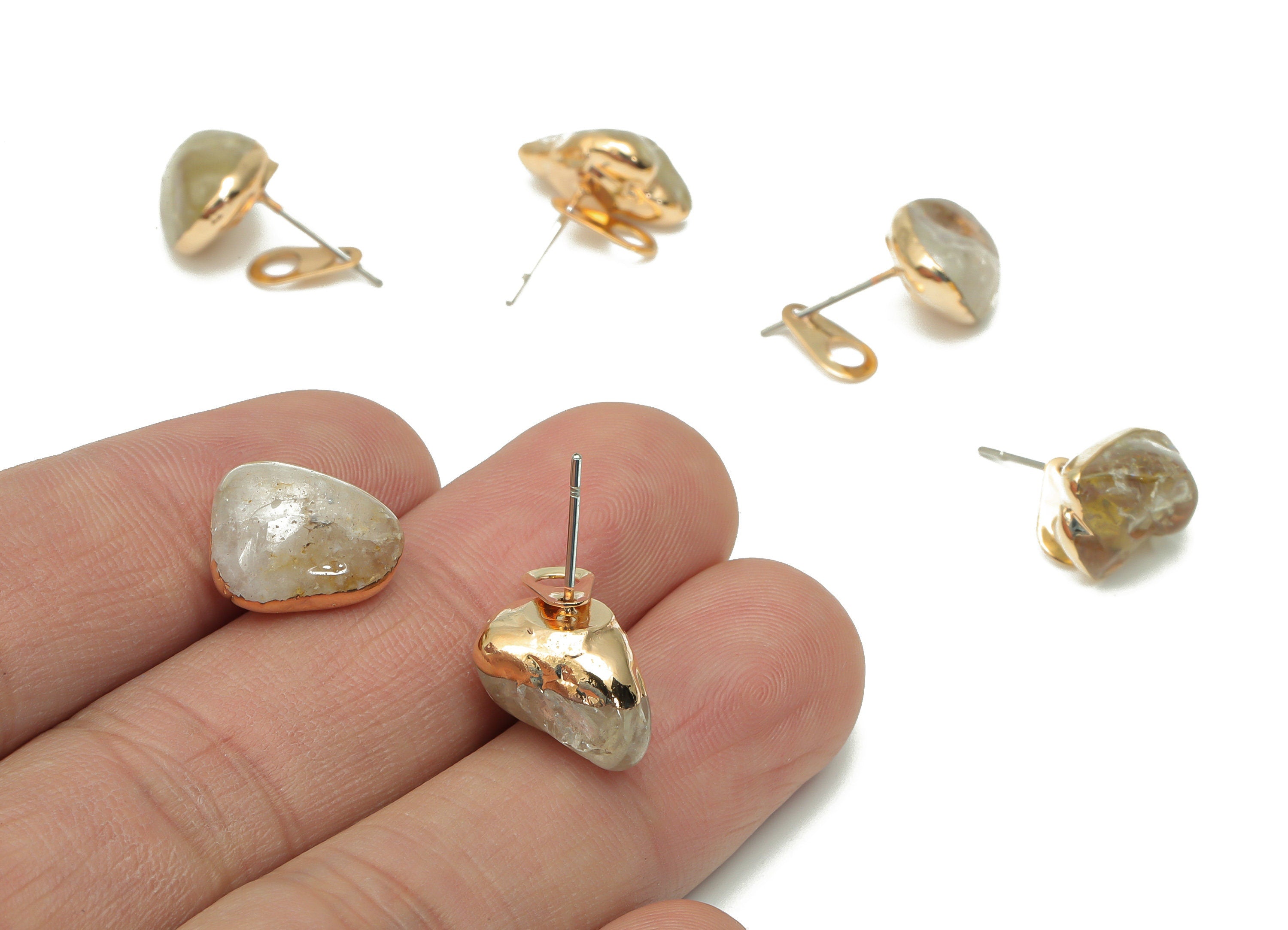 Citrine Earring Stud with Loop - Natural Stone Earring Post -  Gold Tone Plated Stone – 316 Surgical Stainless Steel - 13.5x10x8mm – NS1762R - DOMEDBAZAAR