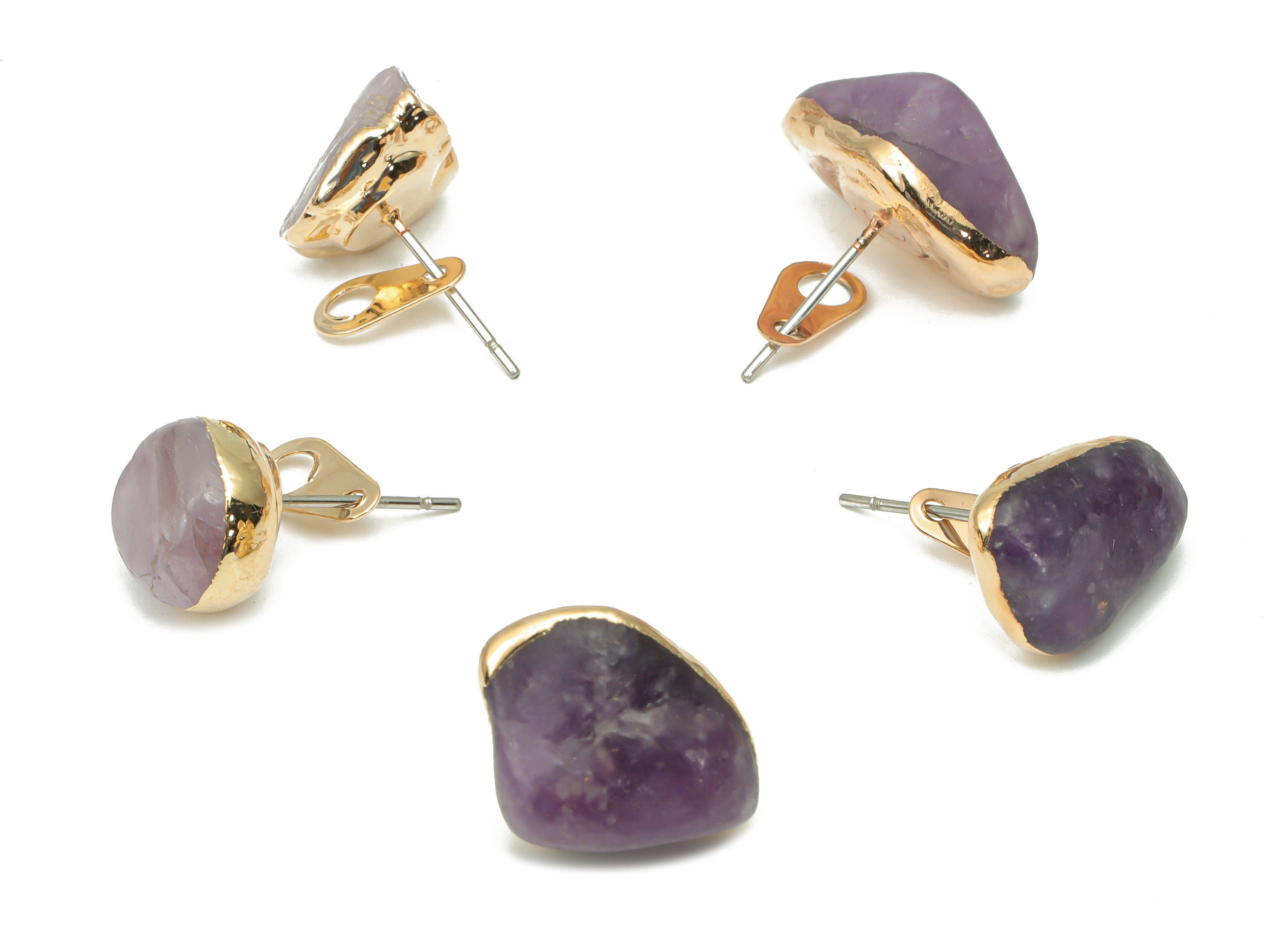 Lepidolite Stud with Loop - Natural Stone Earring Post -  Gold Tone Plated Stone – 316 Surgical Stainless Steel - 11.37x8.54x8.2mm – NS1762G - DOMEDBAZAAR
