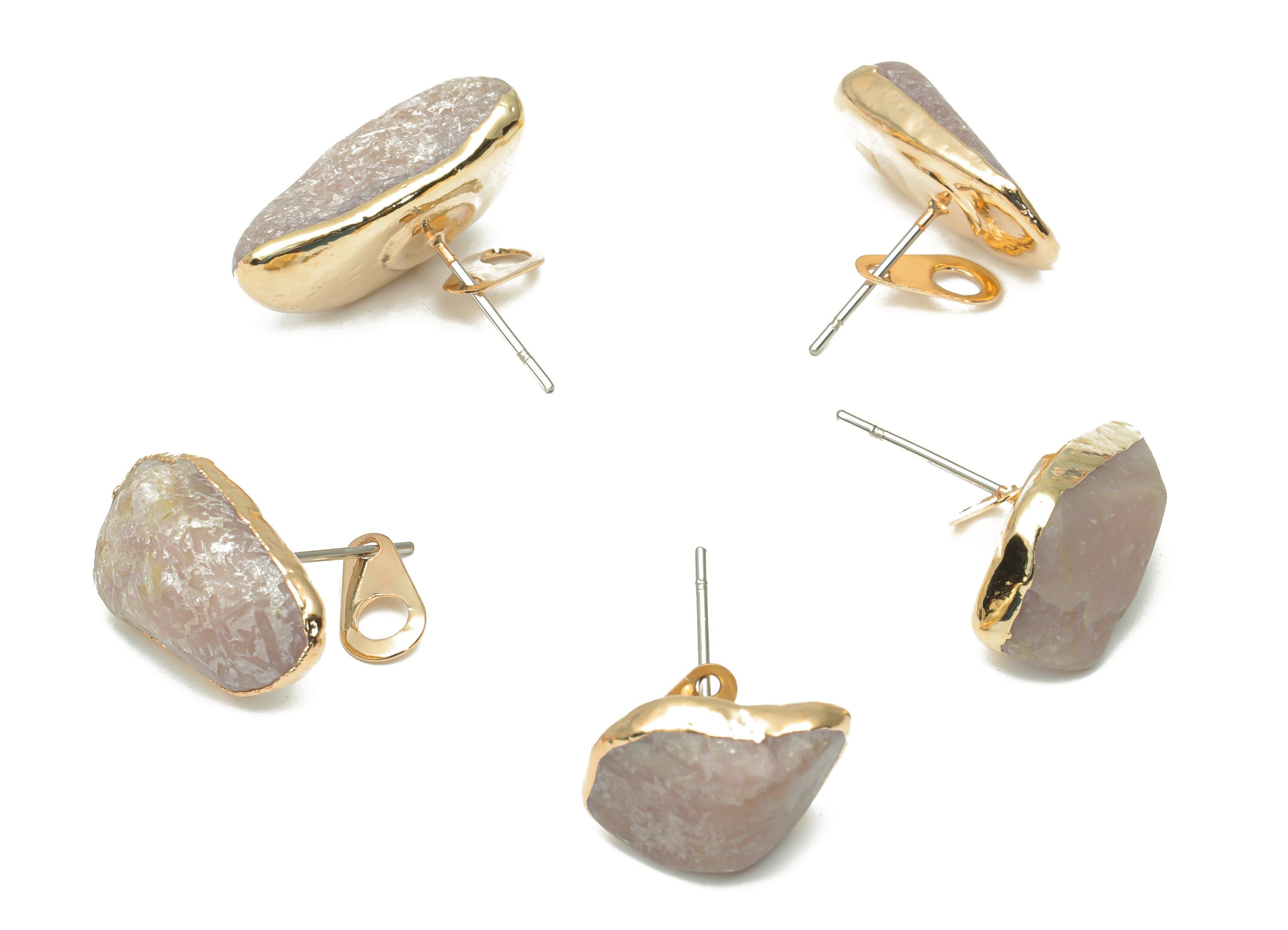 Kunzite Earring Stud with Loop - Natural Stone Earring Post -  Gold Tone Plated Stone – 316 Surgical Stainless Steel - 14.1x10x6mm – NS1762M - DOMEDBAZAAR