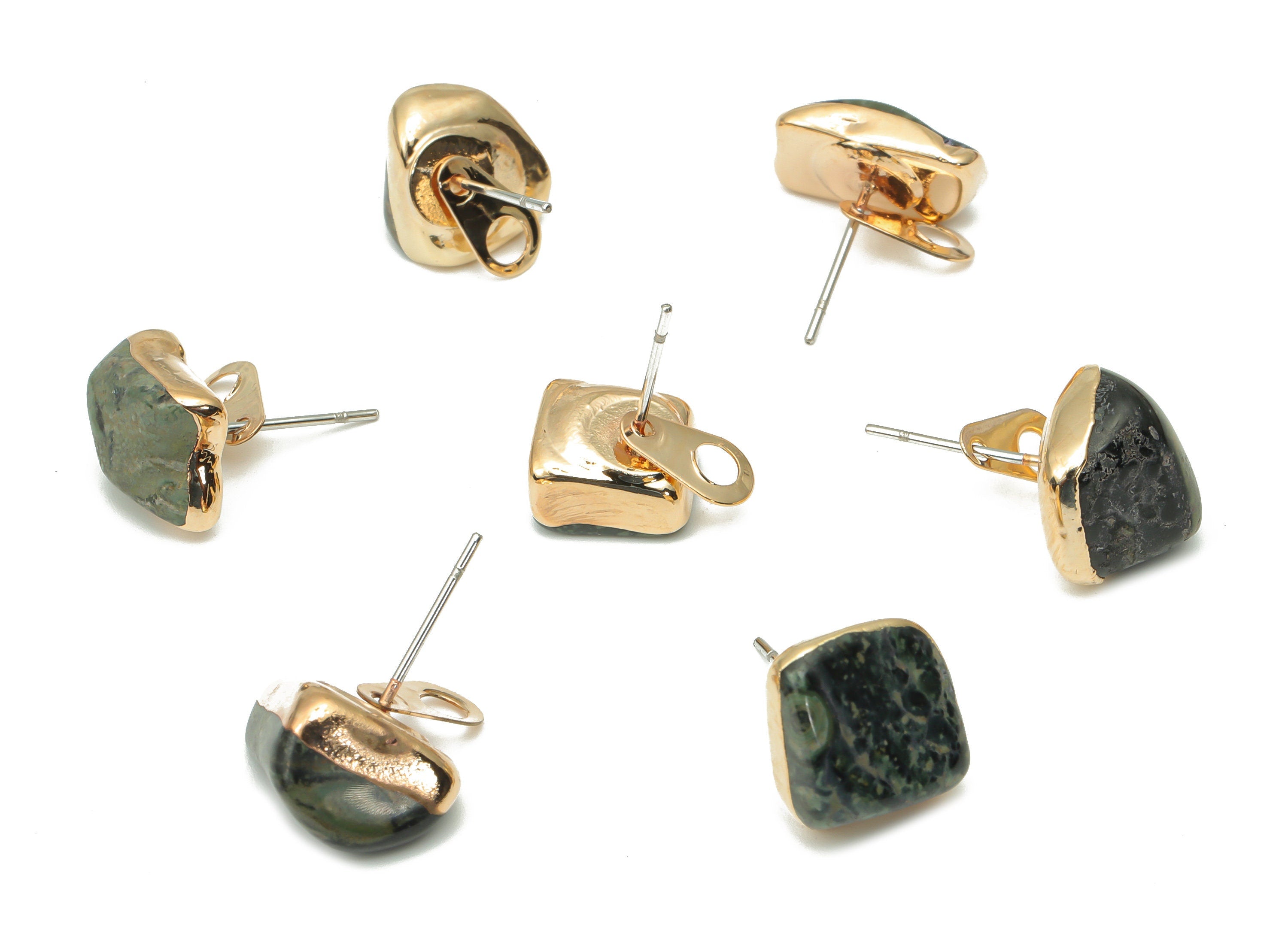 Jasper Earring Stud with Loop - Natural Stone Earring Post -  Gold Tone Plated Stone – 316 Surgical Stainless Steel - 9.35x8x7mm – NS1762F - DOMEDBAZAAR