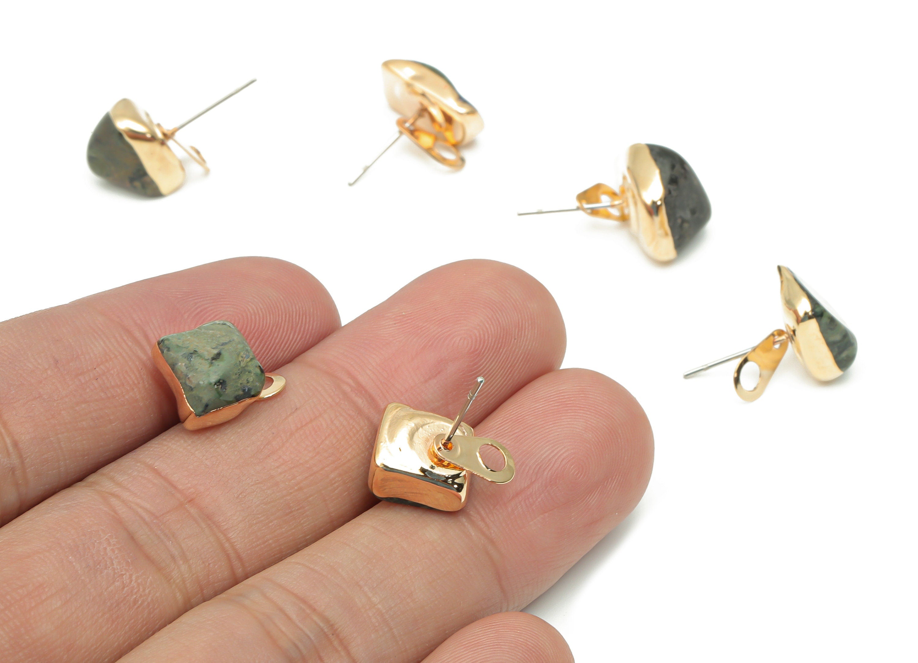 Jasper Earring Stud with Loop - Natural Stone Earring Post -  Gold Tone Plated Stone – 316 Surgical Stainless Steel - 9.35x8x7mm – NS1762F - DOMEDBAZAAR