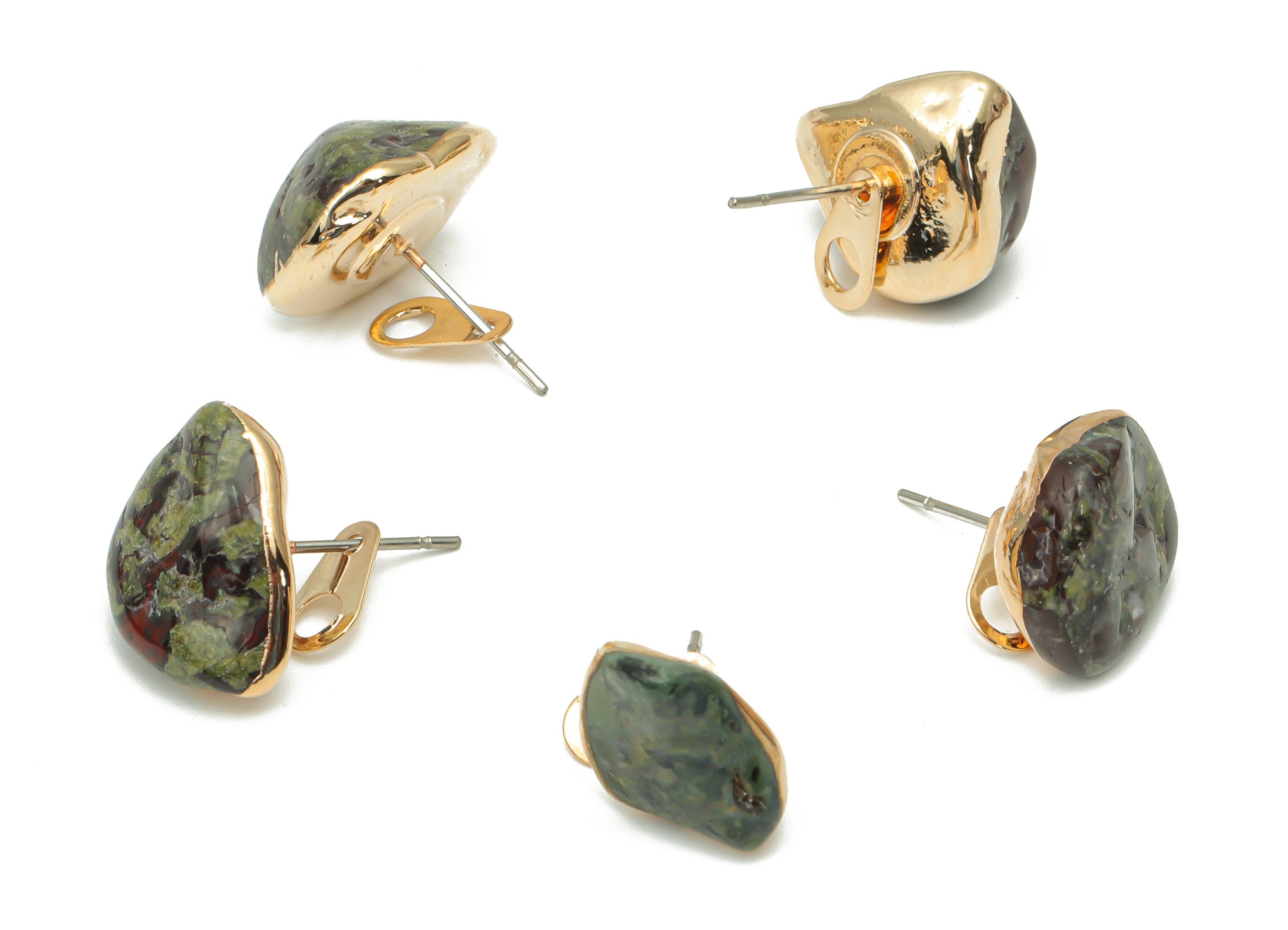 Dragon Blood Stud with Loop - Natural Stone Earring Post -  Gold Tone Plated Stone – 316 Surgical Stainless Steel - 14.66x14x11mm – NS1762B - DOMEDBAZAAR