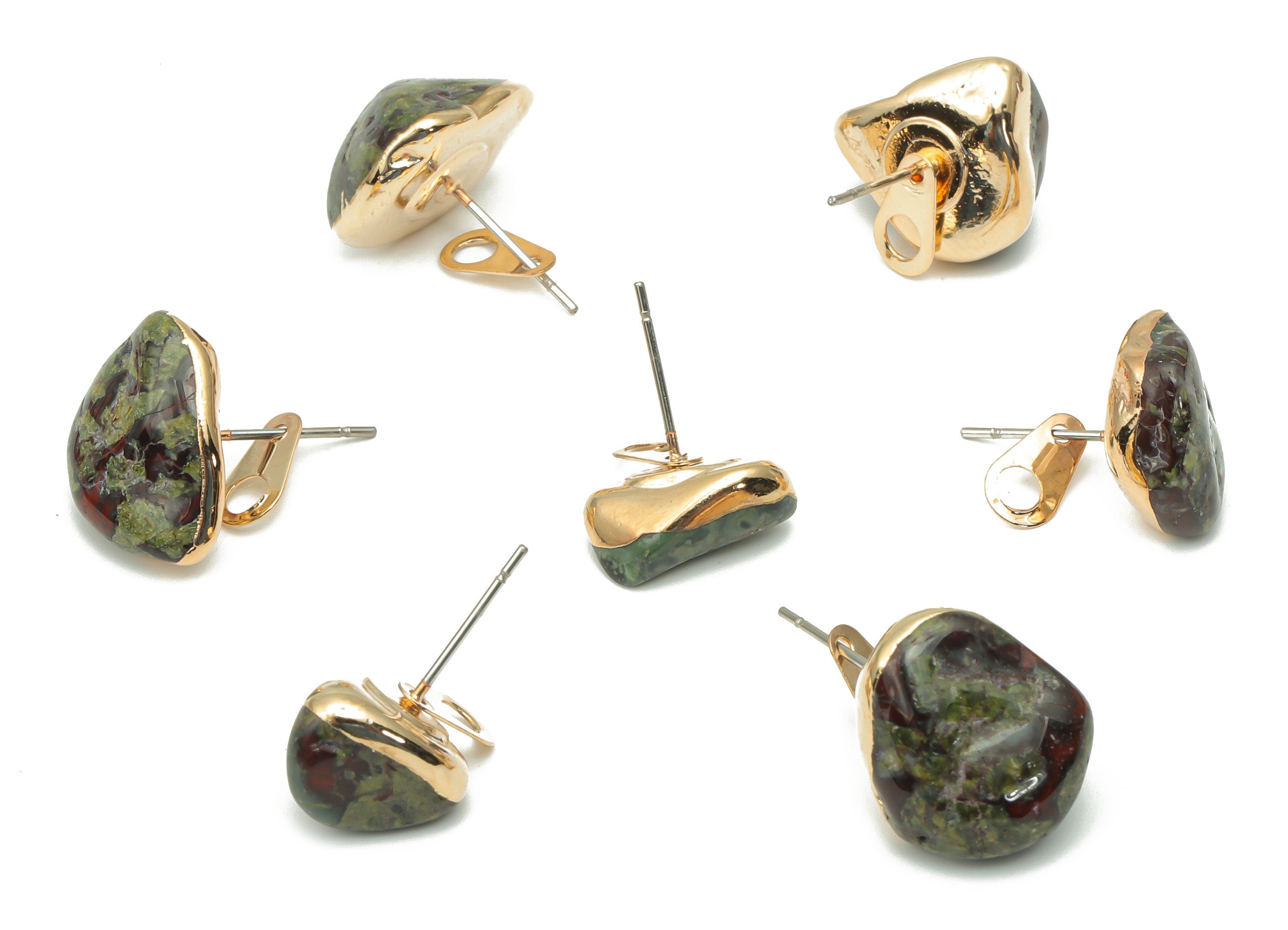 Dragon Blood Stud with Loop - Natural Stone Earring Post -  Gold Tone Plated Stone – 316 Surgical Stainless Steel - 14.66x14x11mm – NS1762B - DOMEDBAZAAR