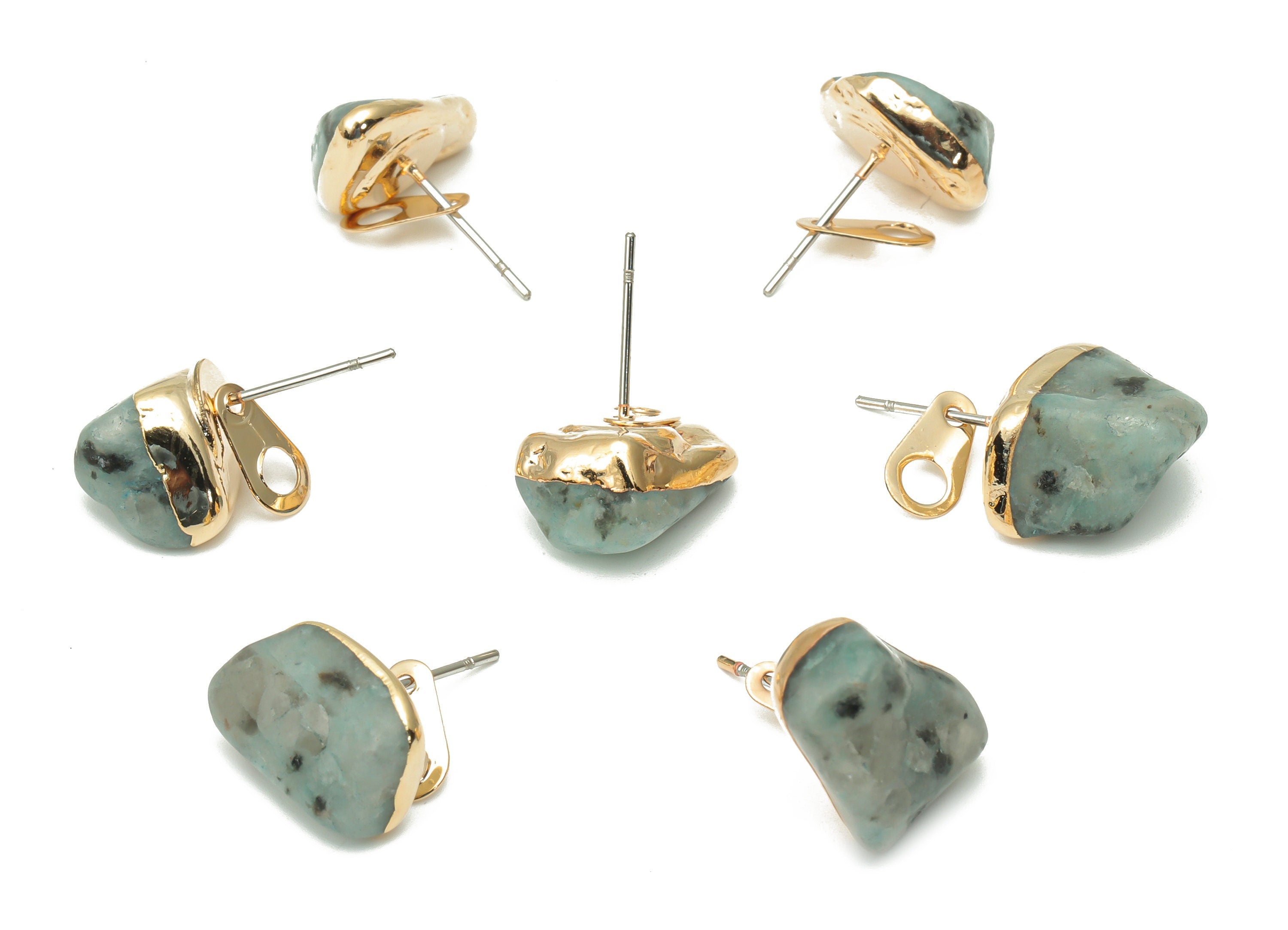 Ki Wi Jasper Stud with Loop - Natural Stone Earring Post -  Gold Tone Plated Stone – 316 Surgical Stainless Steel - 11.9x9.96x7mm – NS1762E - DOMEDBAZAAR