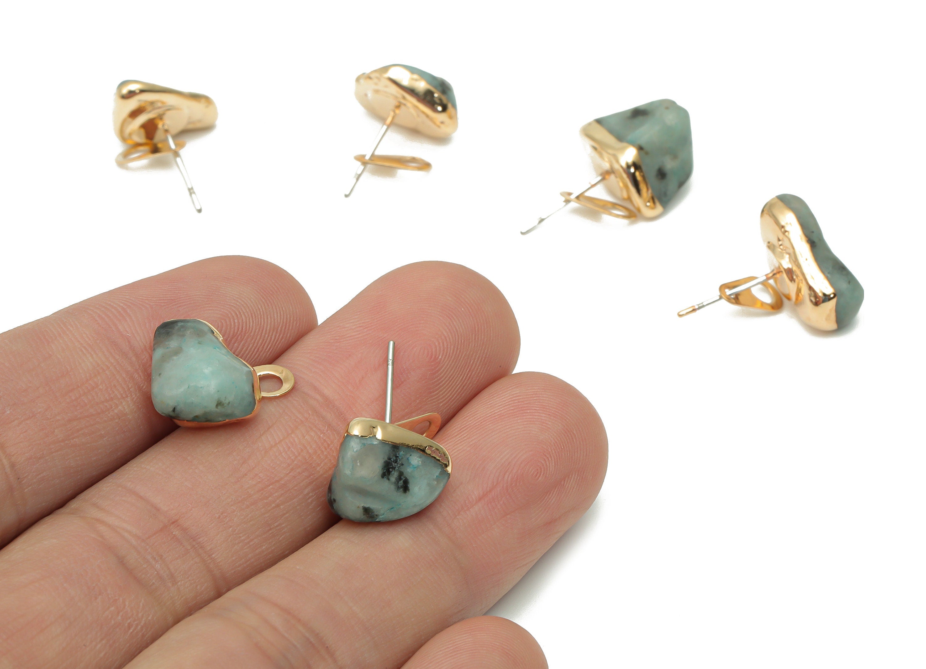 Ki Wi Jasper Stud with Loop - Natural Stone Earring Post -  Gold Tone Plated Stone – 316 Surgical Stainless Steel - 11.9x9.96x7mm – NS1762E - DOMEDBAZAAR
