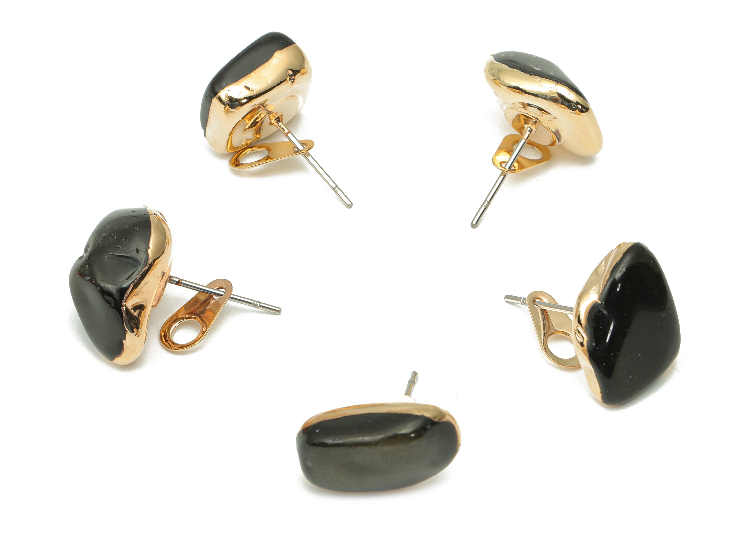 Golden Obsidian Stud with Loop - Natural Stone Earring Post -  Gold Tone Plated Stone – 316 Surgical Stainless Steel - 15.2x10x7mm – NS1762D - DOMEDBAZAAR