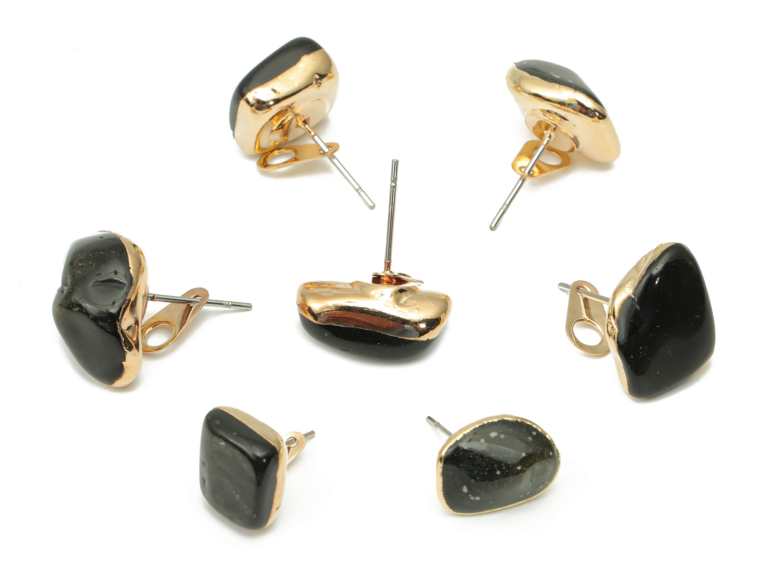 Golden Obsidian Stud with Loop - Natural Stone Earring Post -  Gold Tone Plated Stone – 316 Surgical Stainless Steel - 15.2x10x7mm – NS1762D - DOMEDBAZAAR