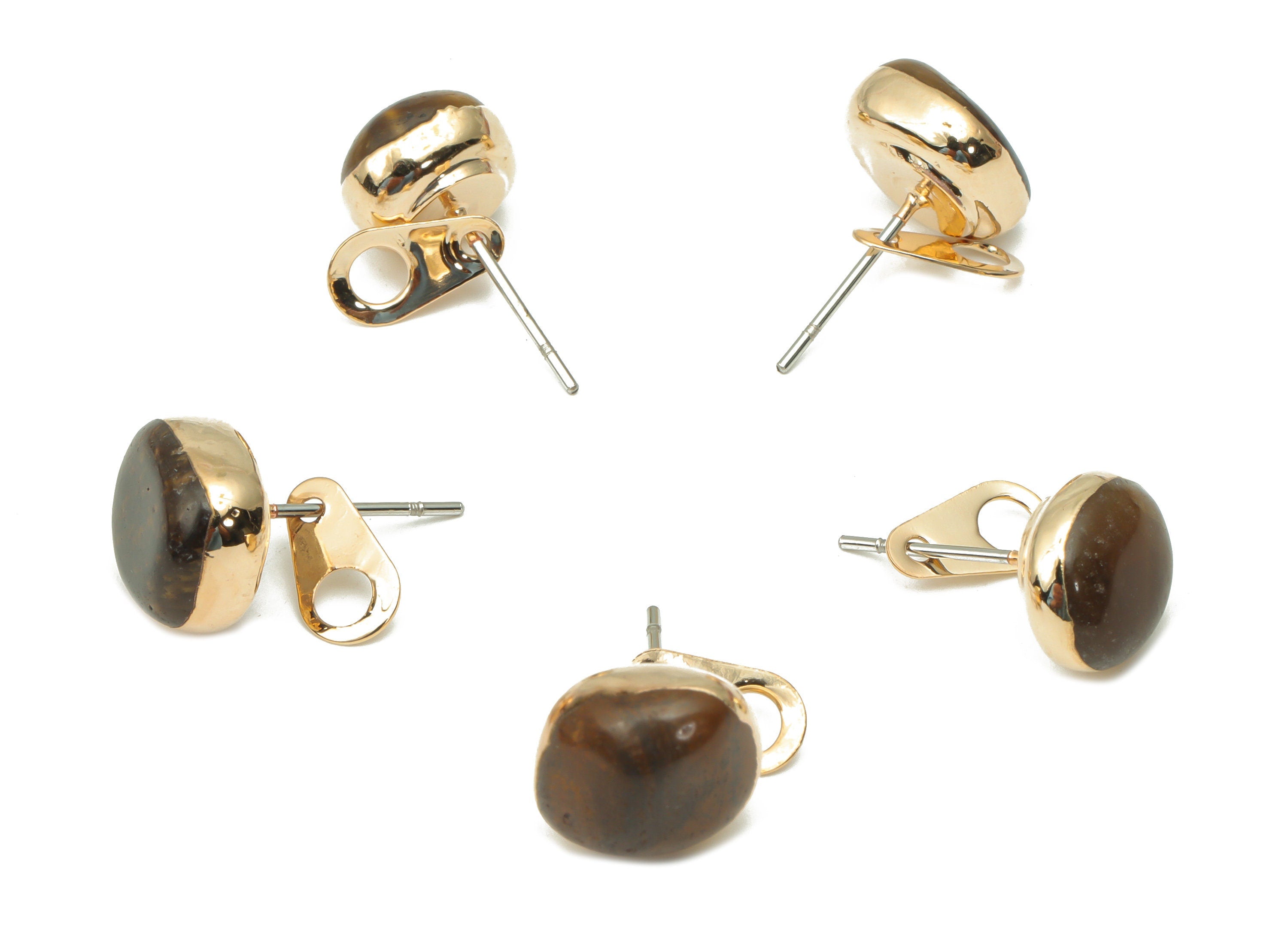 Tigers Eye Stud with Loop - Natural Stone Earring Post -  Gold Tone Plated Stone – 316 Surgical Stainless Steel - 8.88x7.95x5.92mm – NS1762V - DOMEDBAZAAR