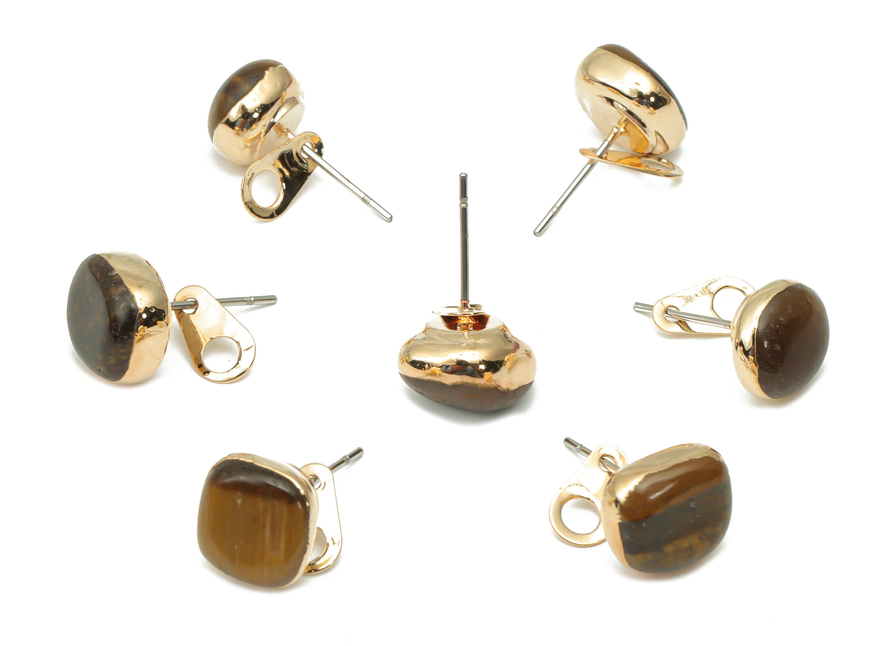 Tigers Eye Stud with Loop - Natural Stone Earring Post -  Gold Tone Plated Stone – 316 Surgical Stainless Steel - 8.88x7.95x5.92mm – NS1762V - DOMEDBAZAAR