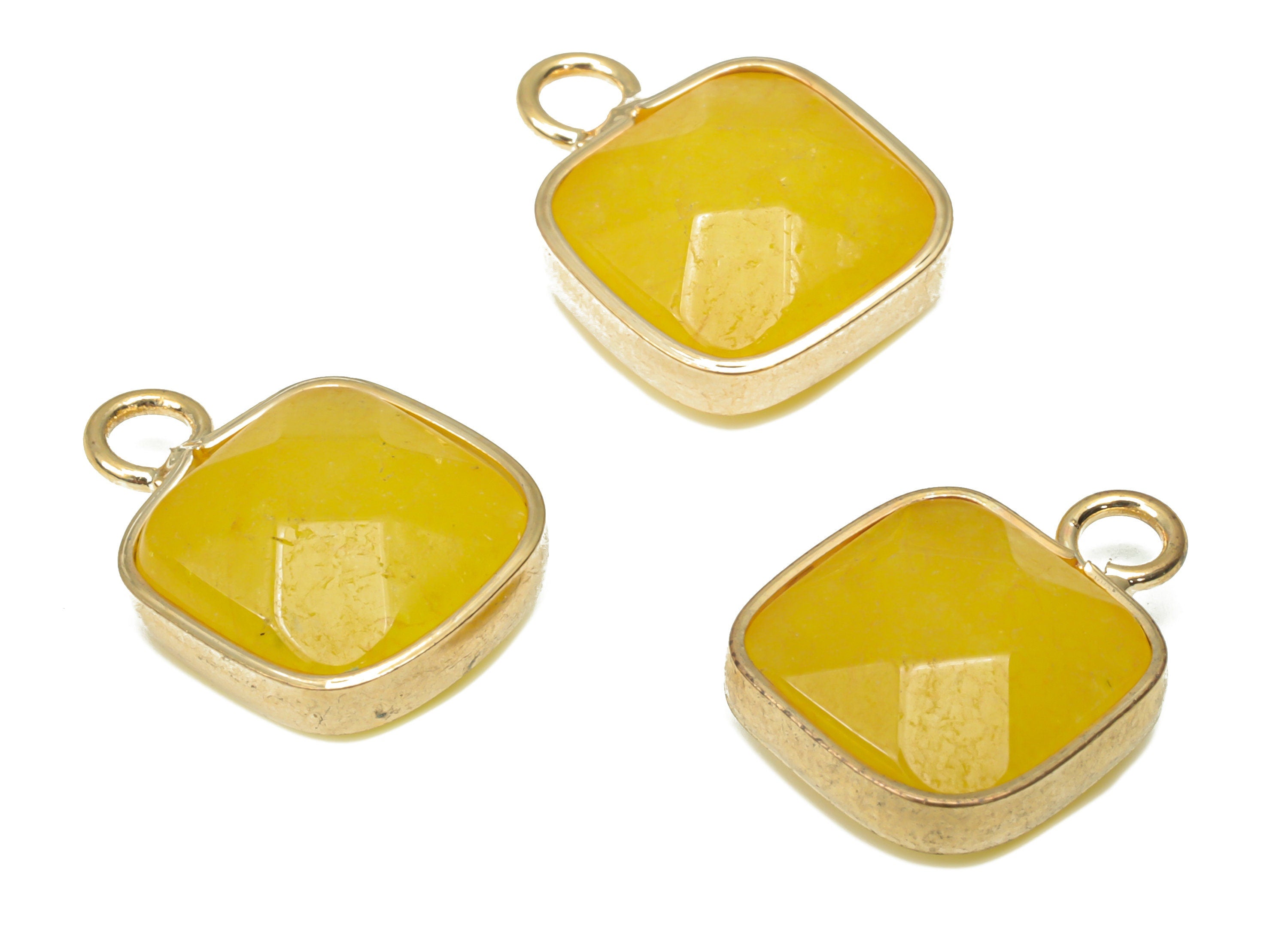 Yellow Jade Faceted Square Earring Charms - Brass Square Pendant - Natural Stone - Gold Tone Plated Brass – 15.9x11.44x5.95mm – NS1687A - DOMEDBAZAAR