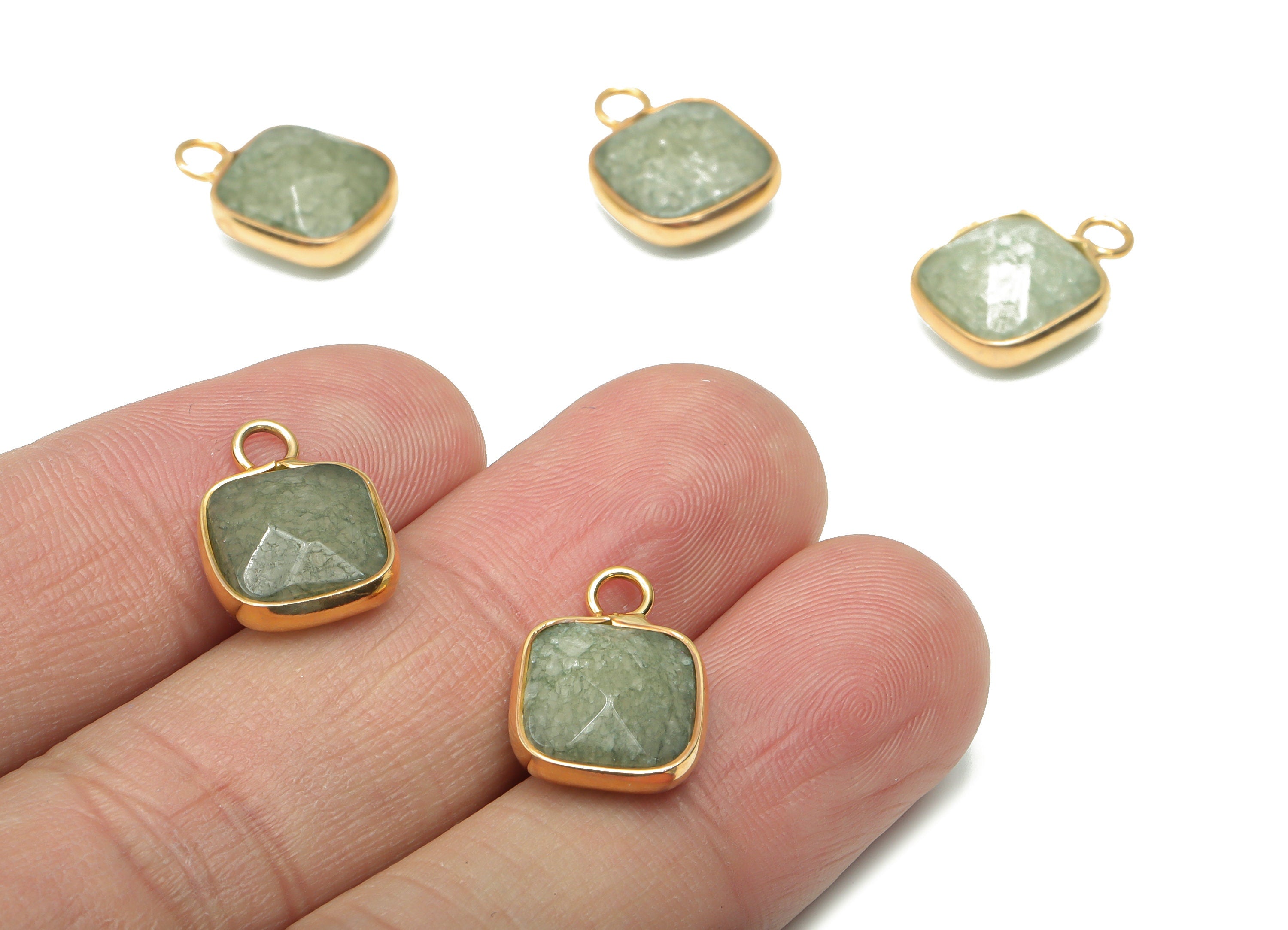 Green Jade Faceted Square Earring Charms - Brass Square Pendant - Natural Stone - Gold Tone Plated Brass – 15.9x11.44x5.95mm – NS1687D - DOMEDBAZAAR