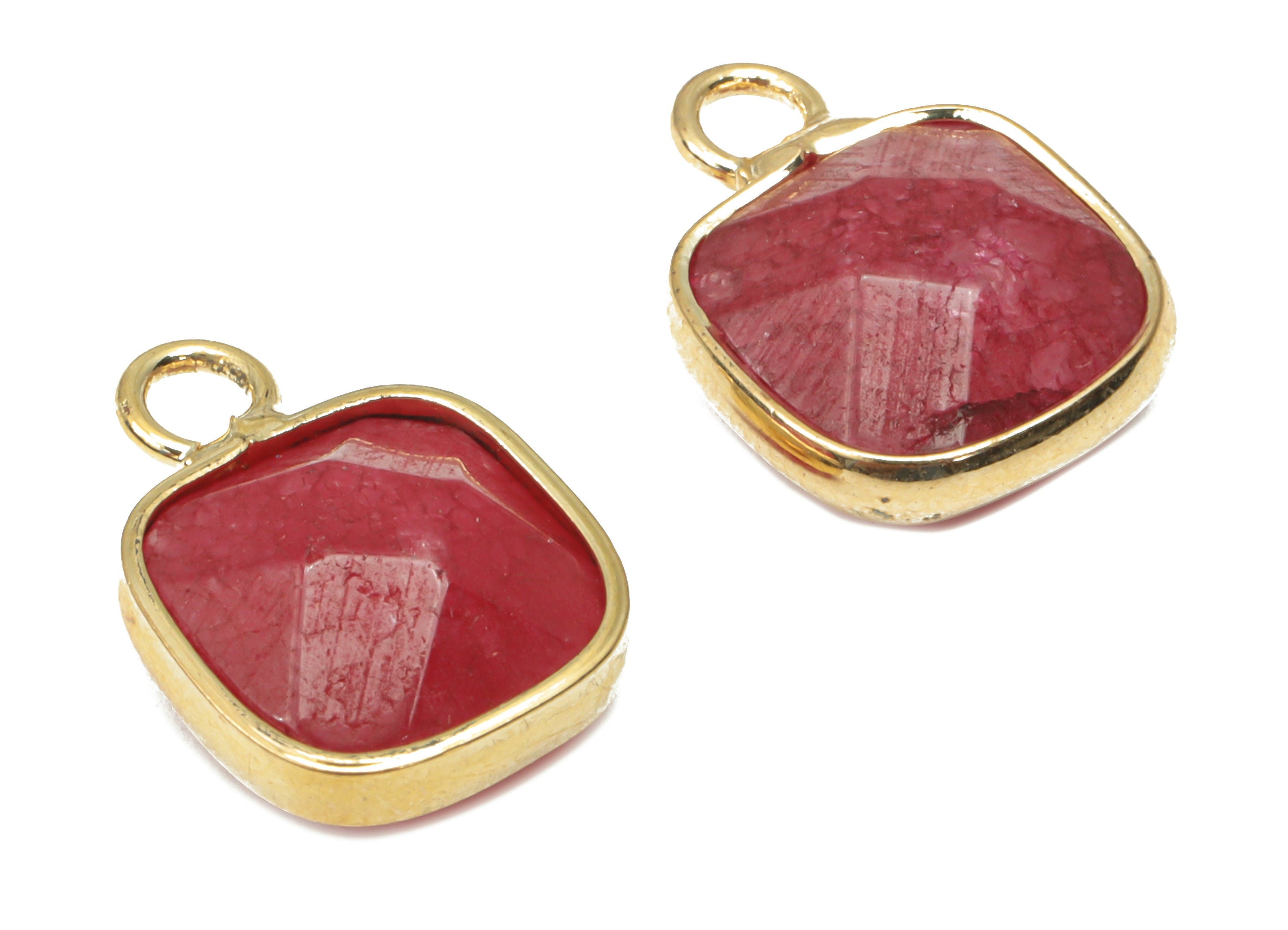 Red Jade Faceted Square Earring Charms - Brass Square Pendant - Natural Stone - Gold Tone Plated Brass – 15.9x11.44x5.95mm – NS1687F - DOMEDBAZAAR