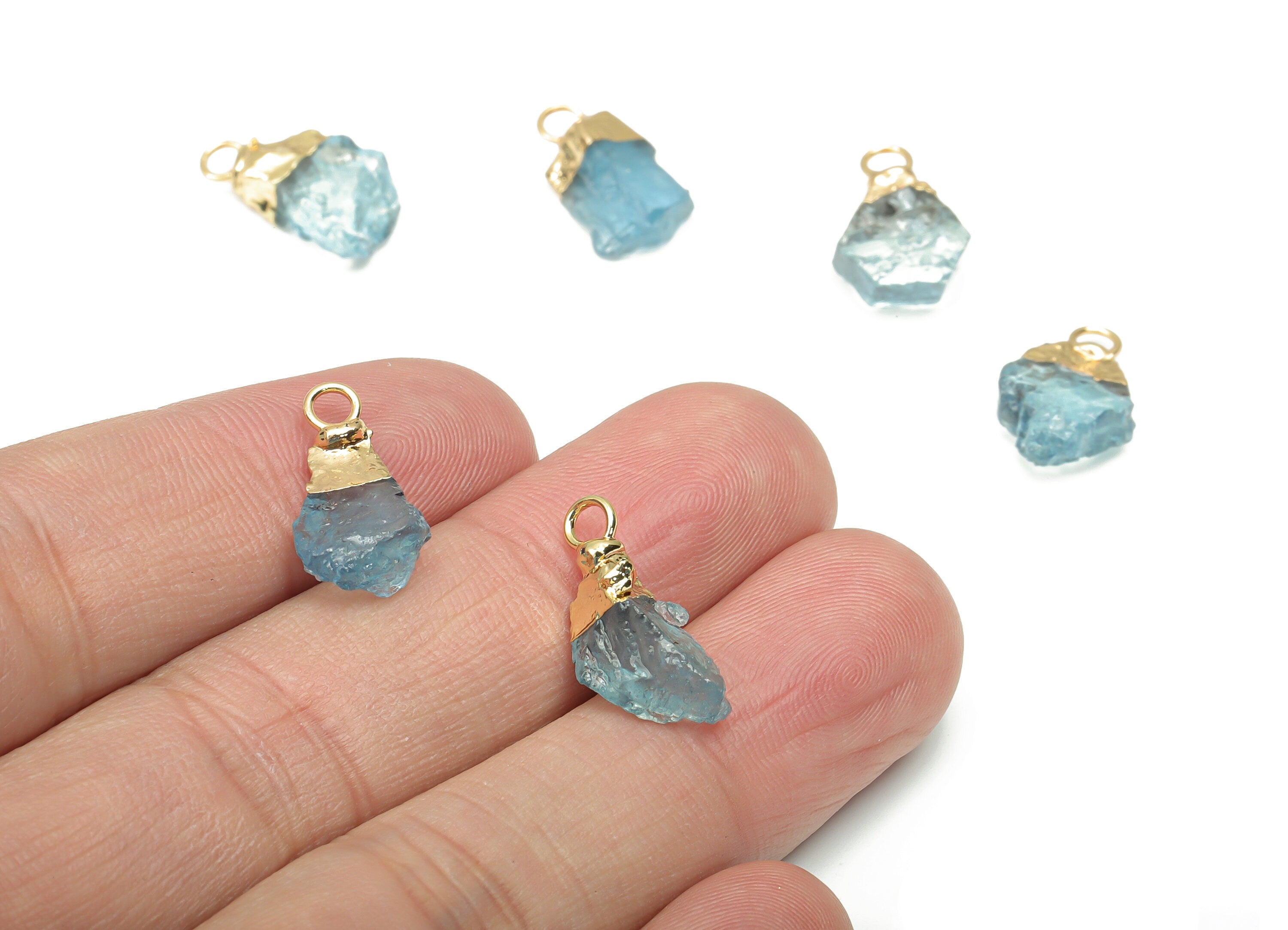Aquamarine Earring Charms - Brass Raw Stone Pendant - Gold Tone Plated Natural Stone – Jewelry Making Supplies - 16.21x8.9x5mm – NS1681 - DOMEDBAZAAR