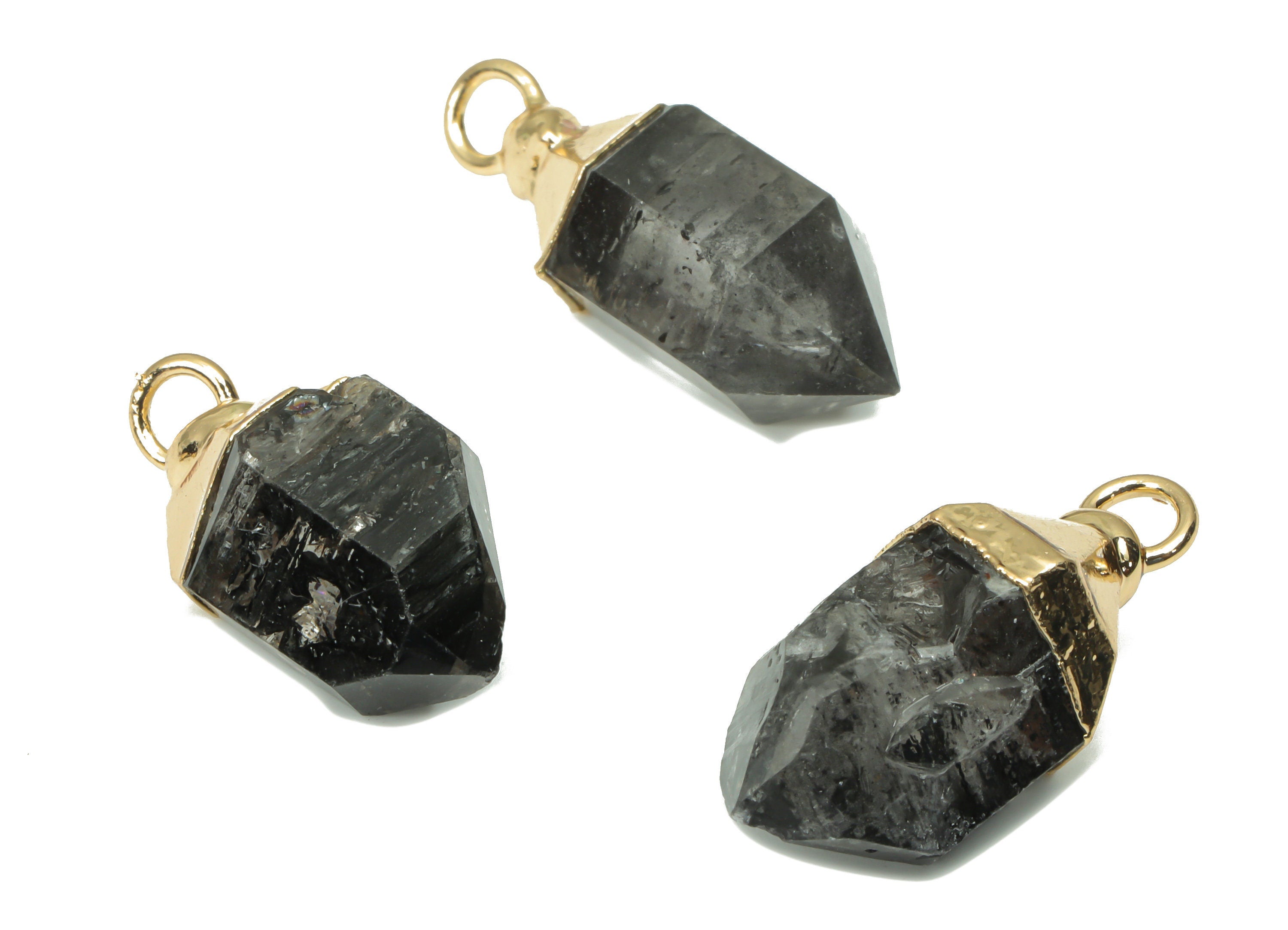Black Tourmaline Faceted Charms - Brass Stone Pendant - Tower Stone Earring - Natural Stone - Gold Tone Plated Brass – 21.85x11x9mm – NS1682 - DOMEDBAZAAR