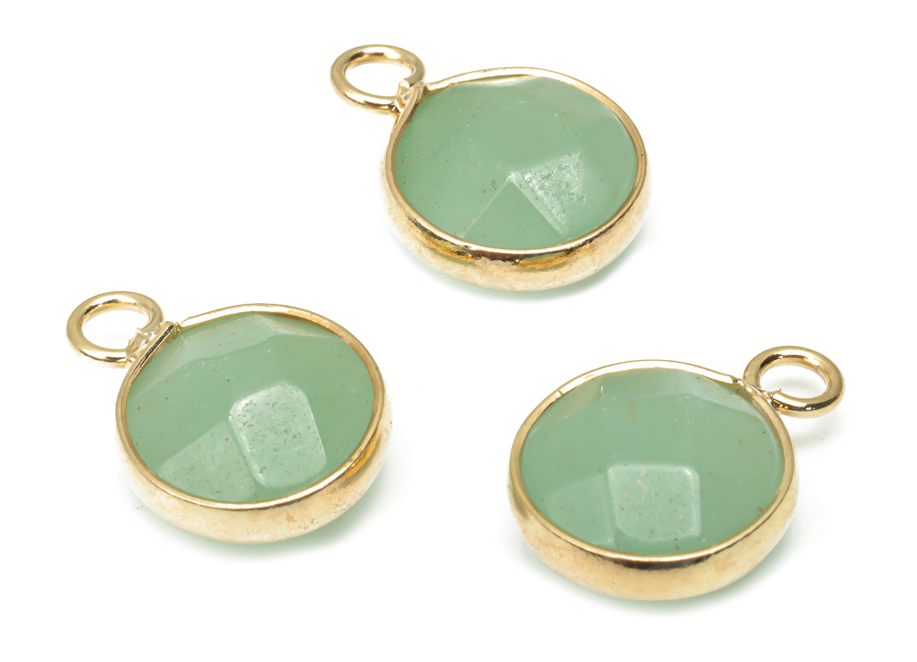 Aventurine Faceted Round Earring Charms - Brass Circle Pendant - Natural Stone - Gold Tone Plated Brass – 15.3x11.3x5.5mm – NS1685F - DOMEDBAZAAR