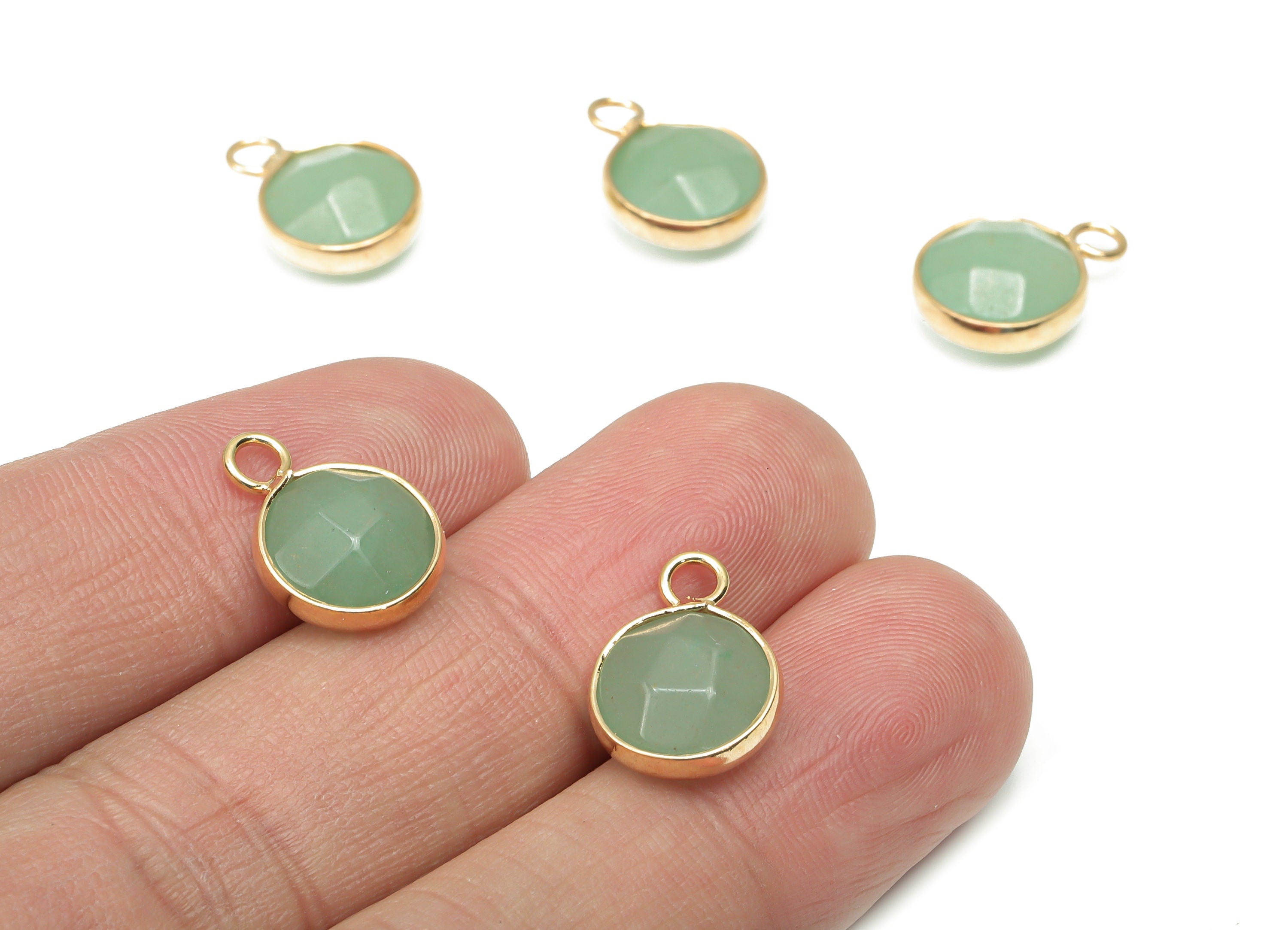 Aventurine Faceted Round Earring Charms - Brass Circle Pendant - Natural Stone - Gold Tone Plated Brass – 15.3x11.3x5.5mm – NS1685F - DOMEDBAZAAR