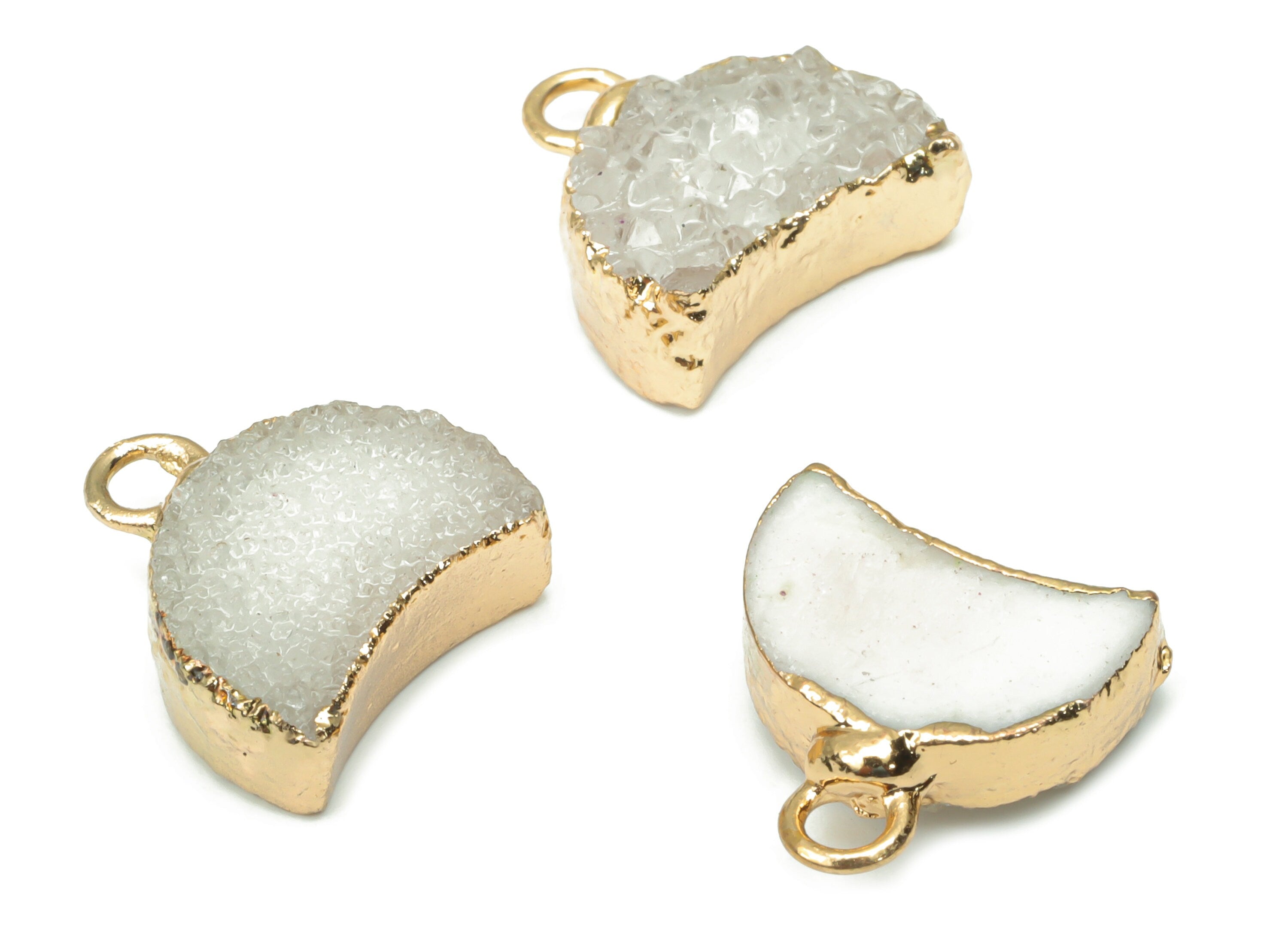 White Cluster Crystal Druzy Earring Charms - Brass Crescent Pendant - Natural Stone - Gold Tone Plated Brass – 14.4x12.91x4.62mm – NS1680A - DOMEDBAZAAR