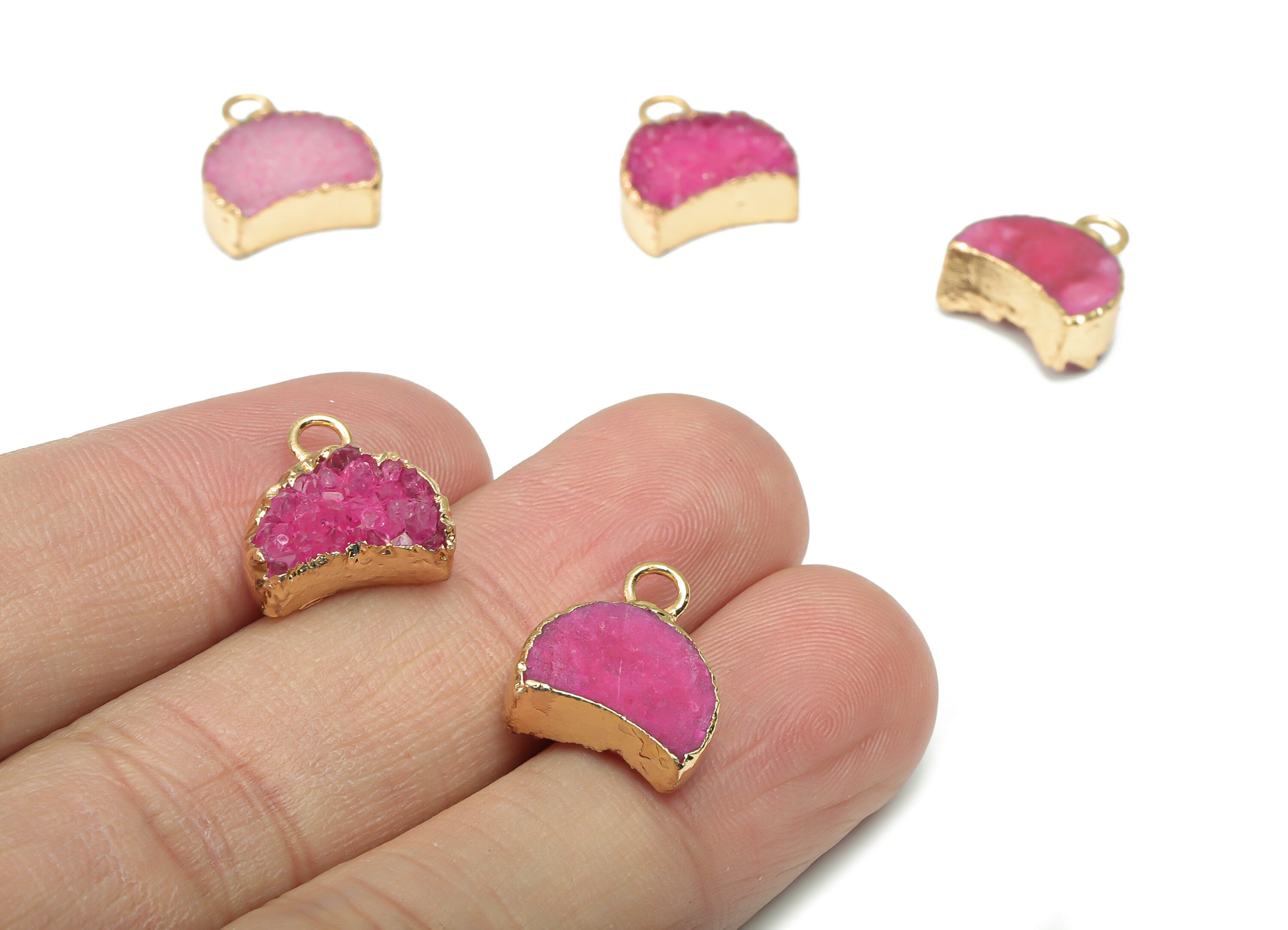 Purple Cluster Crystal Druzy Earring Charms - Brass Crescent Pendant - Natural Stone - Gold Tone Plated Brass – 14.4x12.91x4.62mm – NS1680B - DOMEDBAZAAR