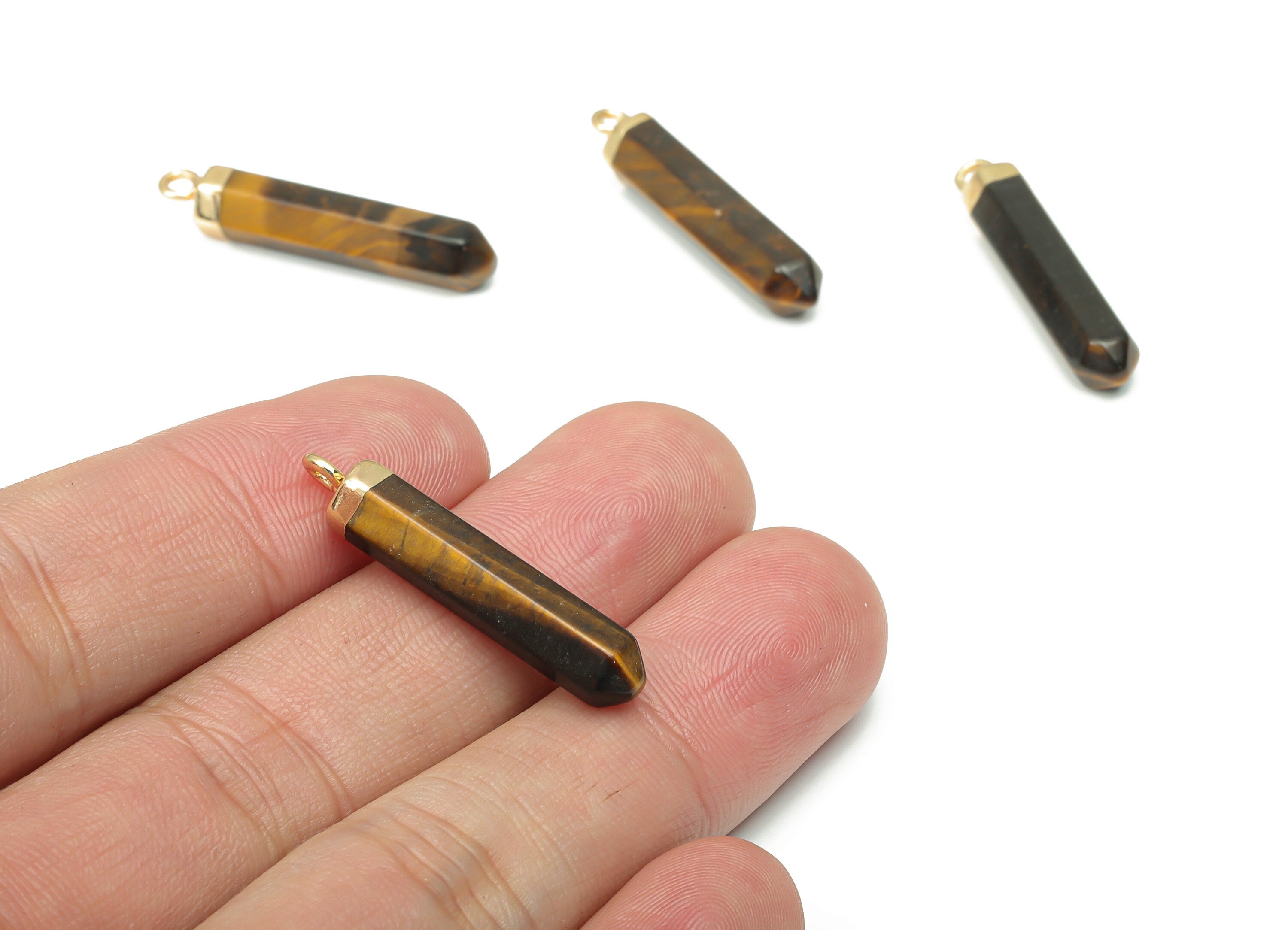 Tiger Eye Spike Earring Charms - Iron Long Tower Pendant - Gold Tone Plated Iron – Jewelry Supplies - 31.7x5.68x5.68mm – NS1763C - DOMEDBAZAAR