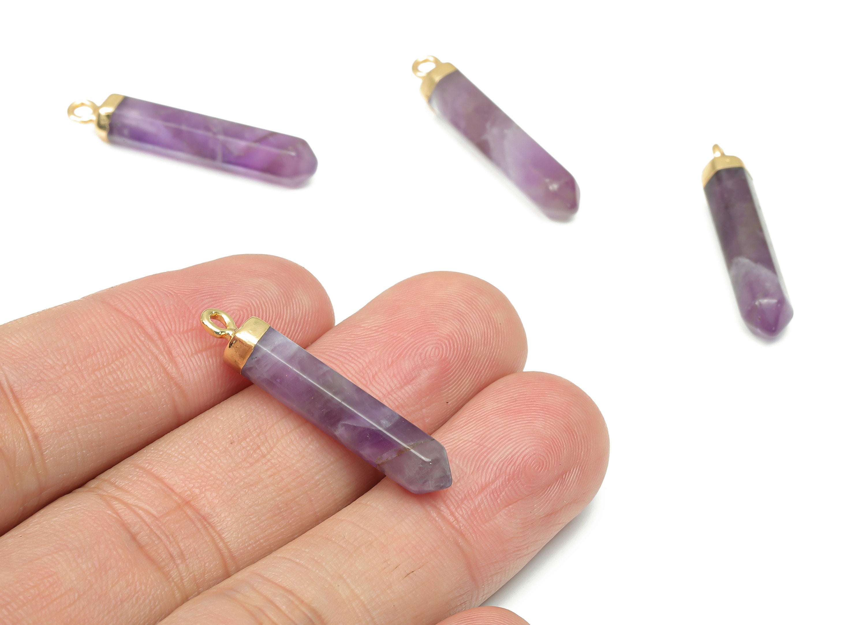 Amethyst Spike Earring Charms - Iron Long Tower Pendant - Gold Tone Plated Iron – Jewelry Making Supplies - 31.7x5.68x5.68mm – NS1763D - DOMEDBAZAAR
