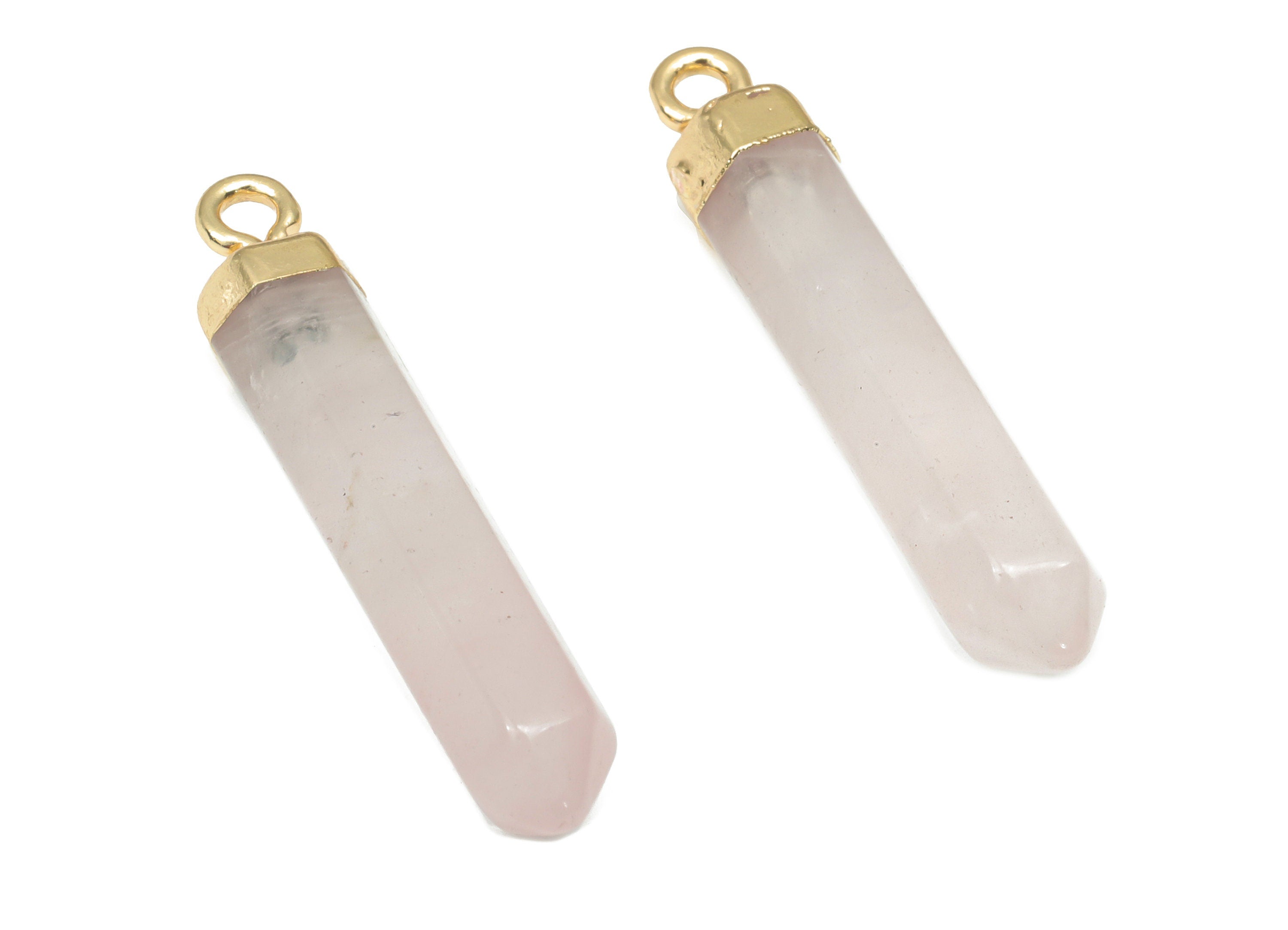 Rose Quartz Crystal Spike Earring Charms - Iron Long Tower Pendant - Gold Tone Plated Iron – Jewelry Supplies - 31.7x5.68x5.68mm – NS1763F - DOMEDBAZAAR