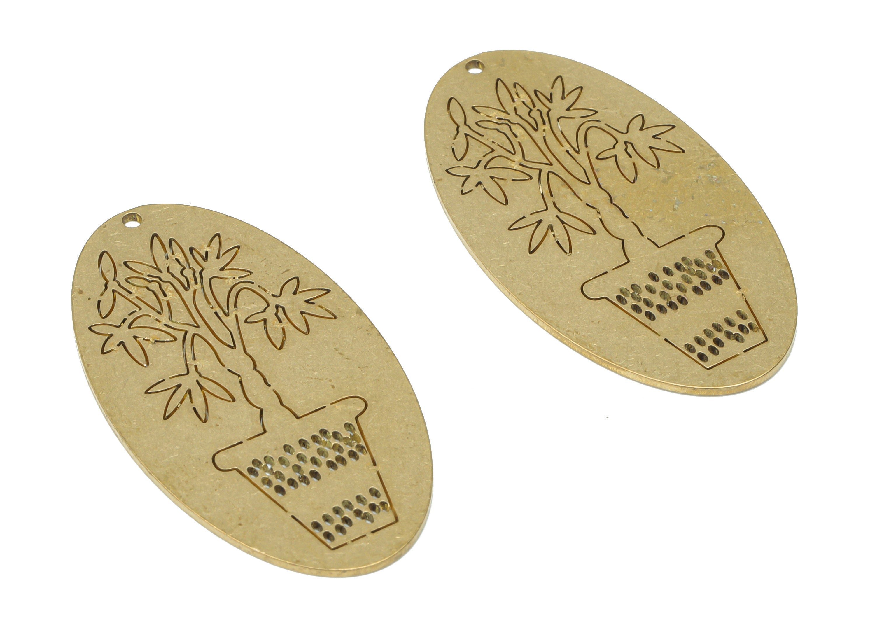 Brass Long Oval Flower Potted Earring Charms - Raw Brass Bubble Flower Potted Pendant - Jewelry Making Supplies - 37.78x20.4x0.7mm - PPA3331 - DOMEDBAZAAR