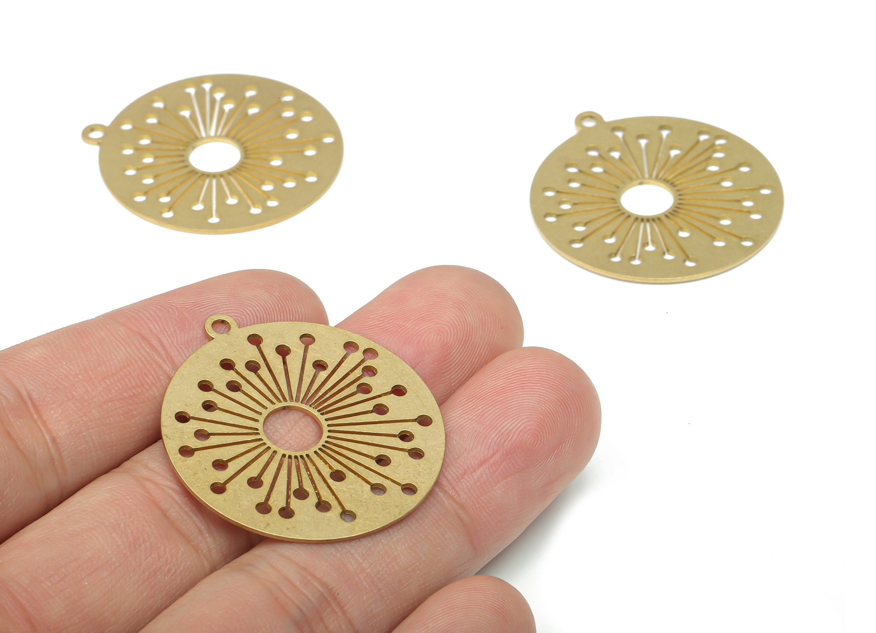 Brass Round Long Stem Flower Earring Charms - Raw Brass Sun Circle Pendant - DIY Jewelry Making Supplies - 34.85x31.83x0.65mm - PPA2650 - DOMEDBAZAAR