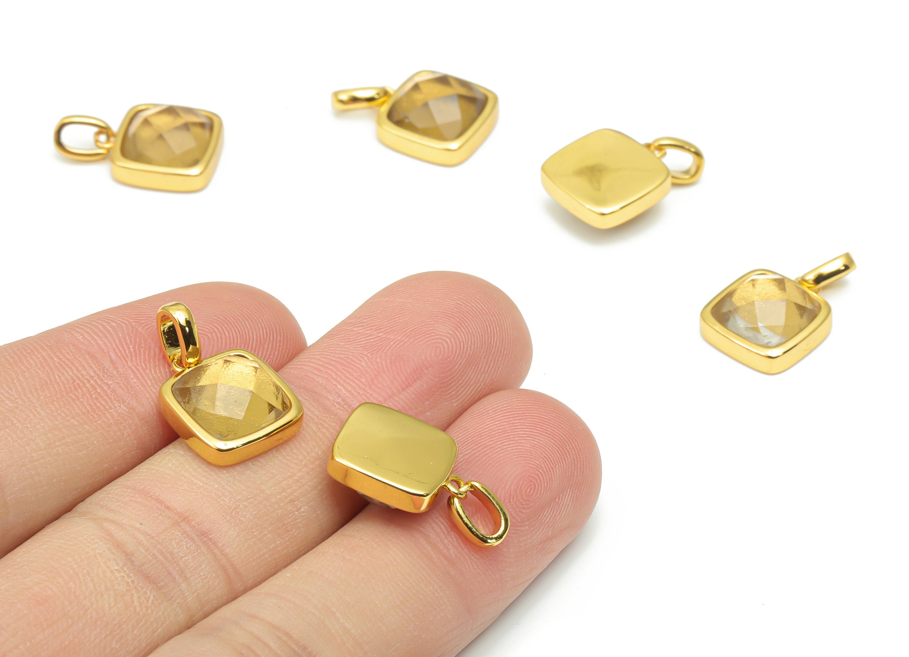 Smoky Quartz Faceted Square Earring Charms - 11mm Natural Stone - Brass Square Pendant - Gold Tone Plated Brass – 18.84x11.7x5.8mm – NS1672H - DOMEDBAZAAR
