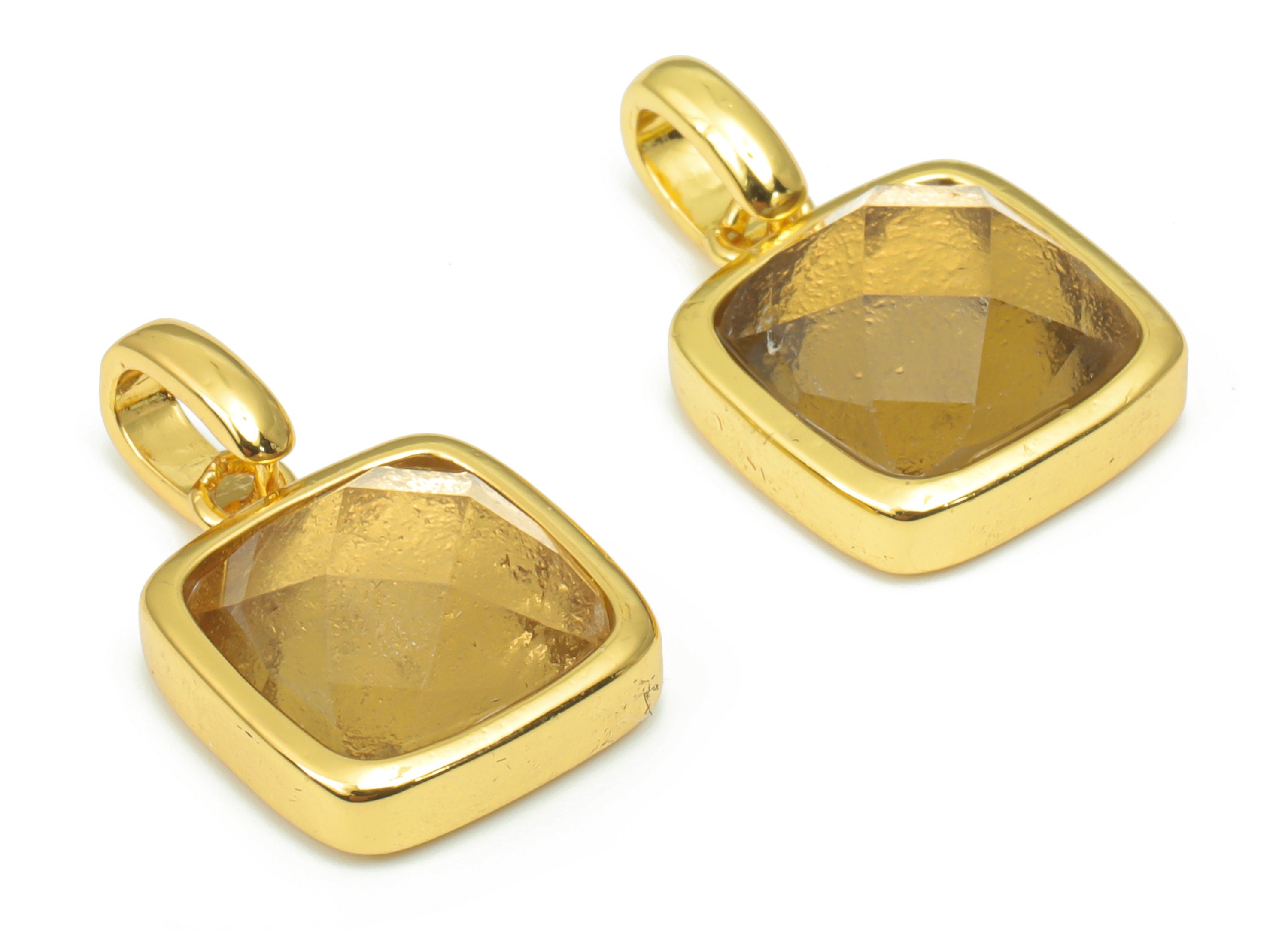 Smoky Quartz Faceted Square Earring Charms - 11mm Natural Stone - Brass Square Pendant - Gold Tone Plated Brass – 18.84x11.7x5.8mm – NS1672H - DOMEDBAZAAR