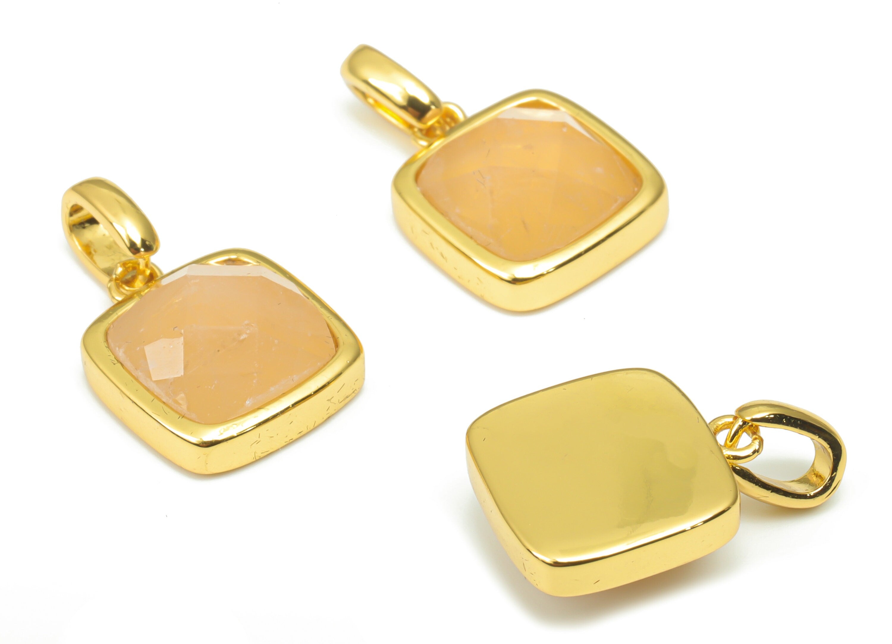 Rose Quartz Faceted Square Earring Charms - 11mm Natural Stone - Brass Square Pendant - Gold Tone Plated Brass – 18.84x11.65x5.8mm – NS1672D - DOMEDBAZAAR
