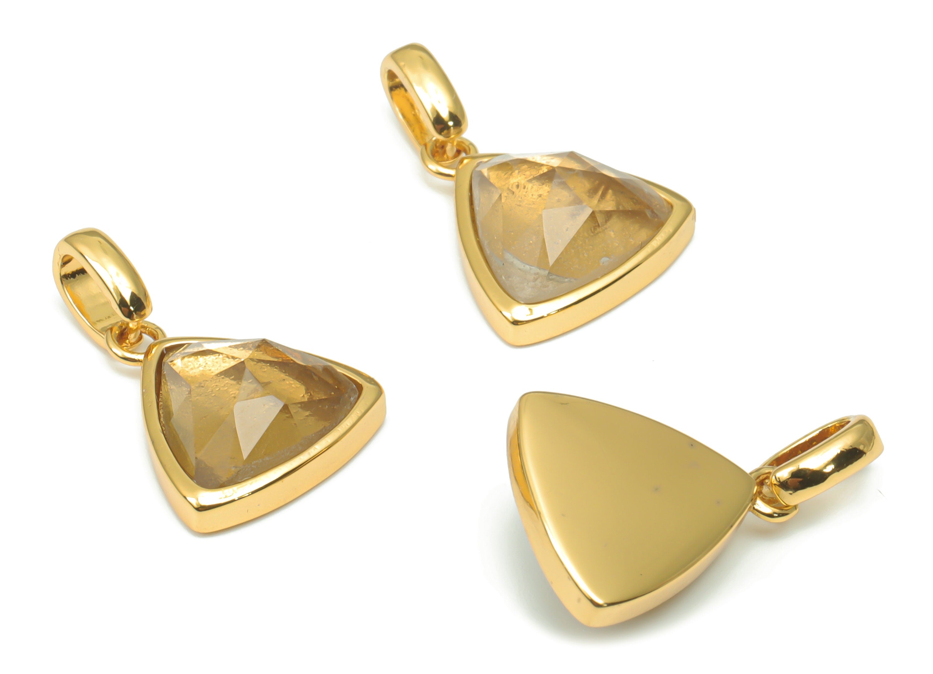 Smoky Quartz Faceted Triangle Charms With Loop - 11mm Natural Stone - Brass Triangle Pendant - Gold Tone Plated Brass – 20x12x6mm – NS1668H - DOMEDBAZAAR