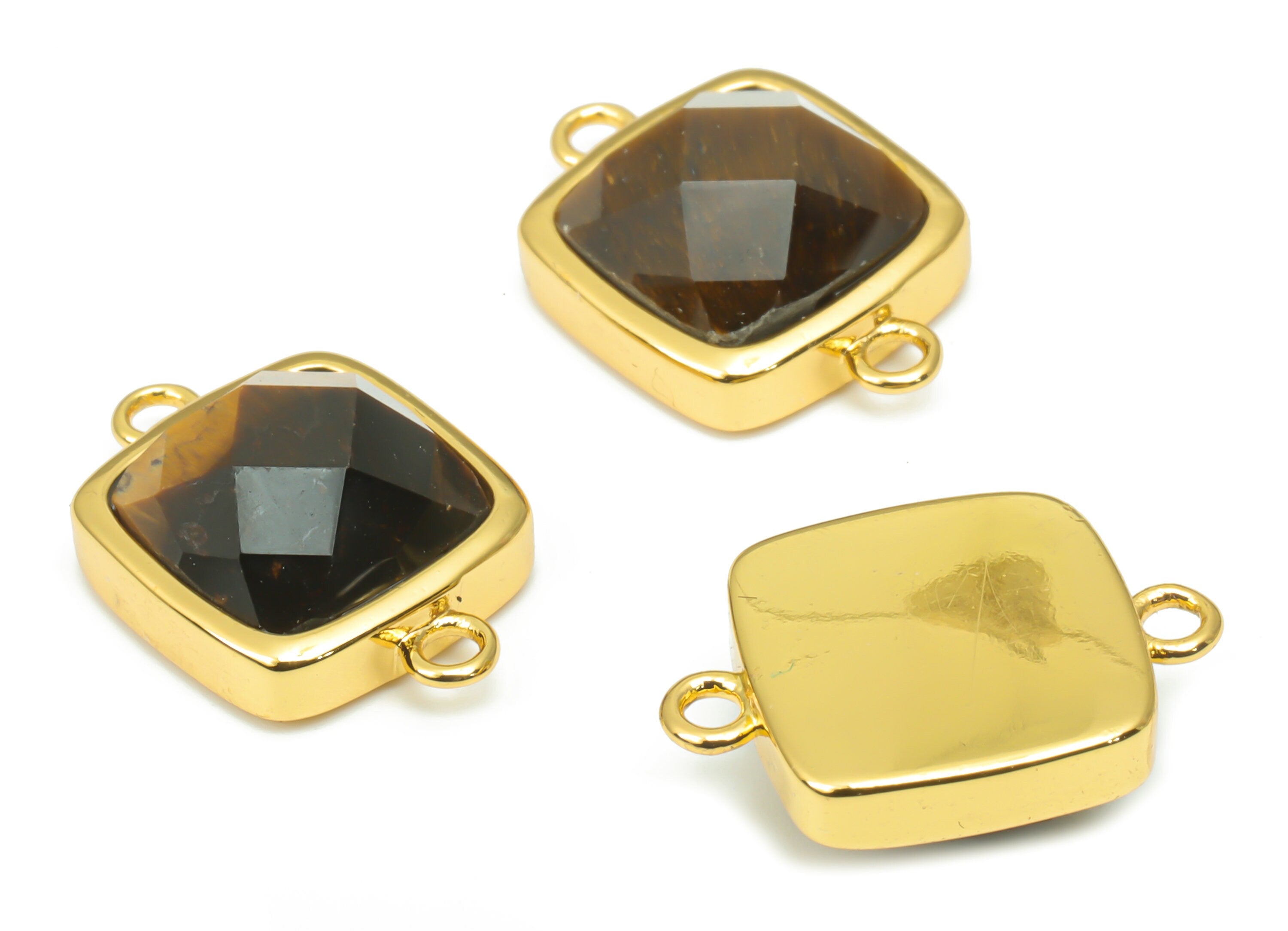 Tiger&#39;s-eye Faceted Square Earring Connectors - 11mm Natural Stone - Brass Square Charms - Gold Tone Plated Brass – 16.5x11.4x5.9mm– NS1673F - DOMEDBAZAAR