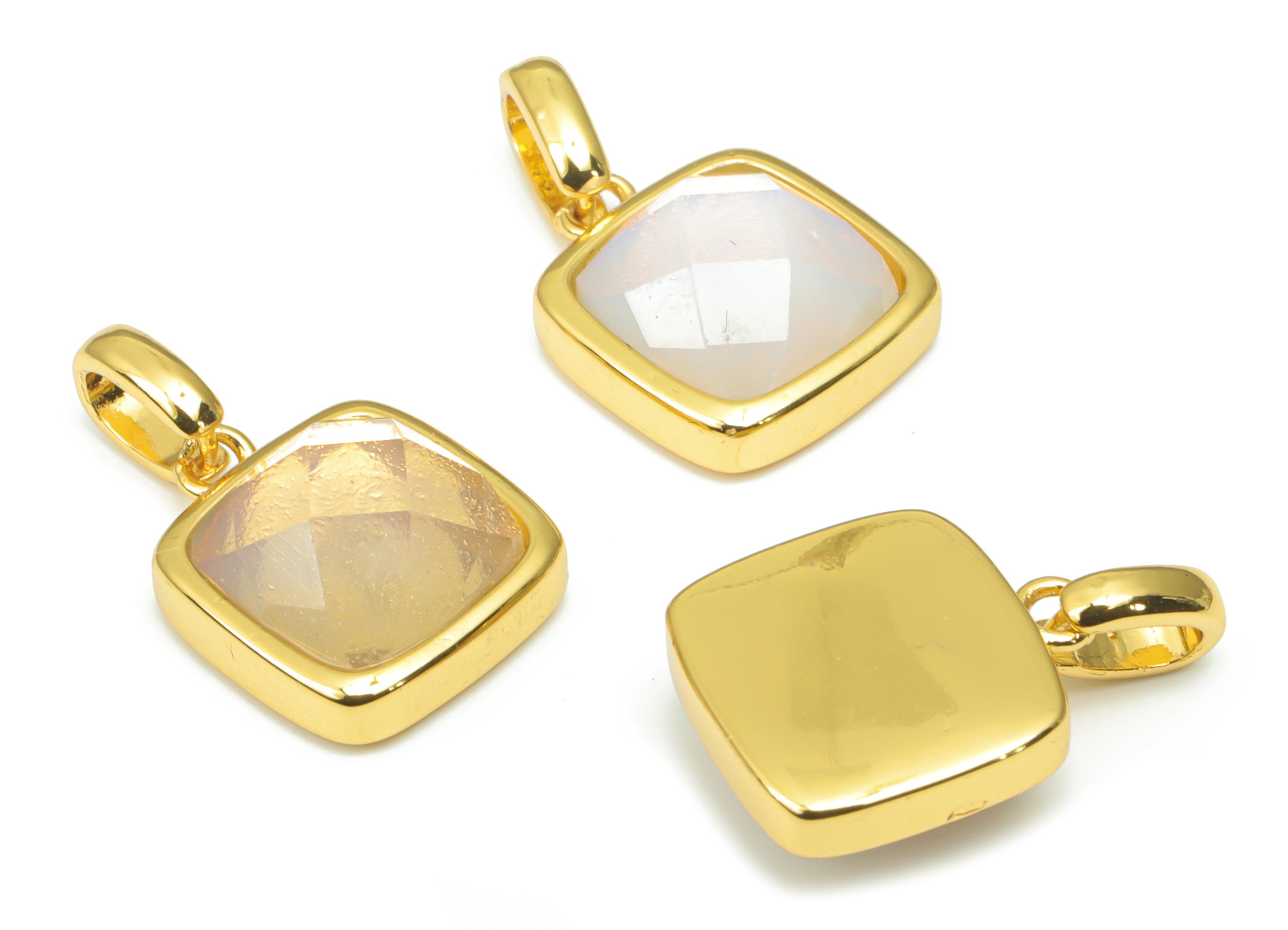 Opalite Faceted Square Earring Charms - 11mm Natural Stone - Brass Square Pendant - Gold Tone Plated Brass – 18.84x11.65x5.75mm – NS1672E - DOMEDBAZAAR
