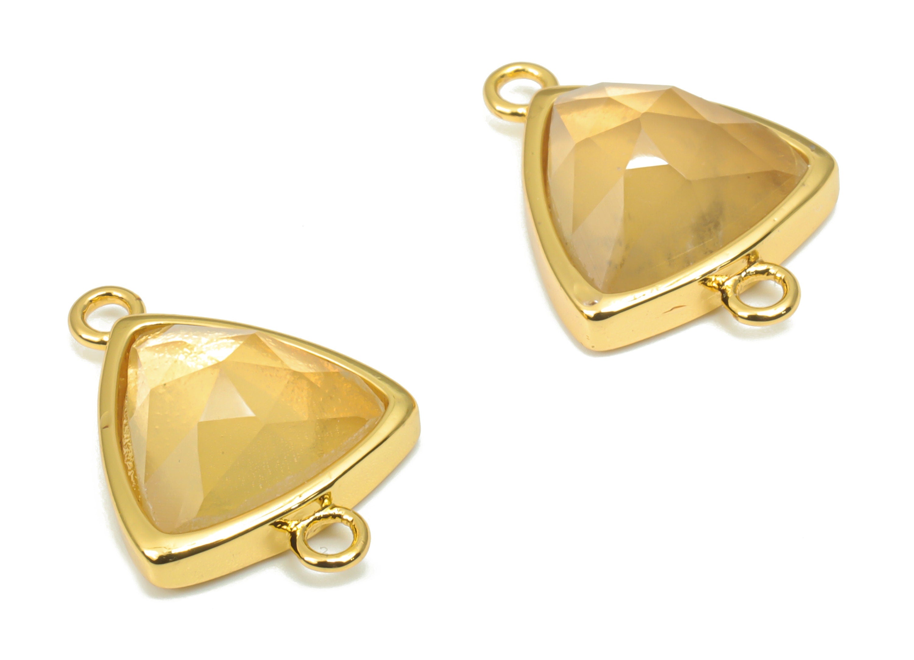 Lemon Citrine Faceted Triangle Connector - 11mm Natural Stone - Brass Triangle Charm - Gold Tone Plated Brass – 17x12.3x5.7mm–NS1669K - DOMEDBAZAAR