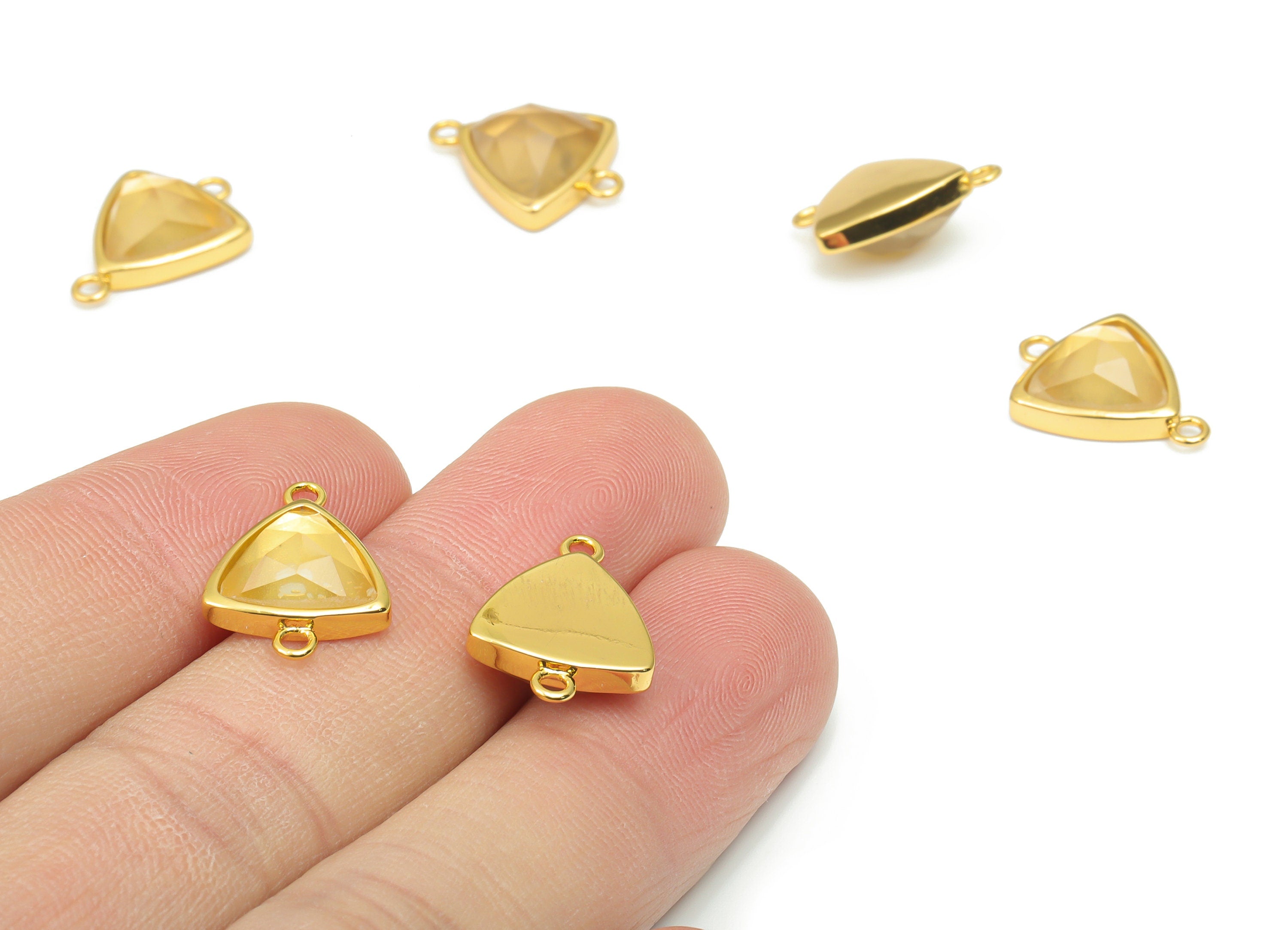 Lemon Citrine Faceted Triangle Connector - 11mm Natural Stone - Brass Triangle Charm - Gold Tone Plated Brass – 17x12.3x5.7mm–NS1669K - DOMEDBAZAAR