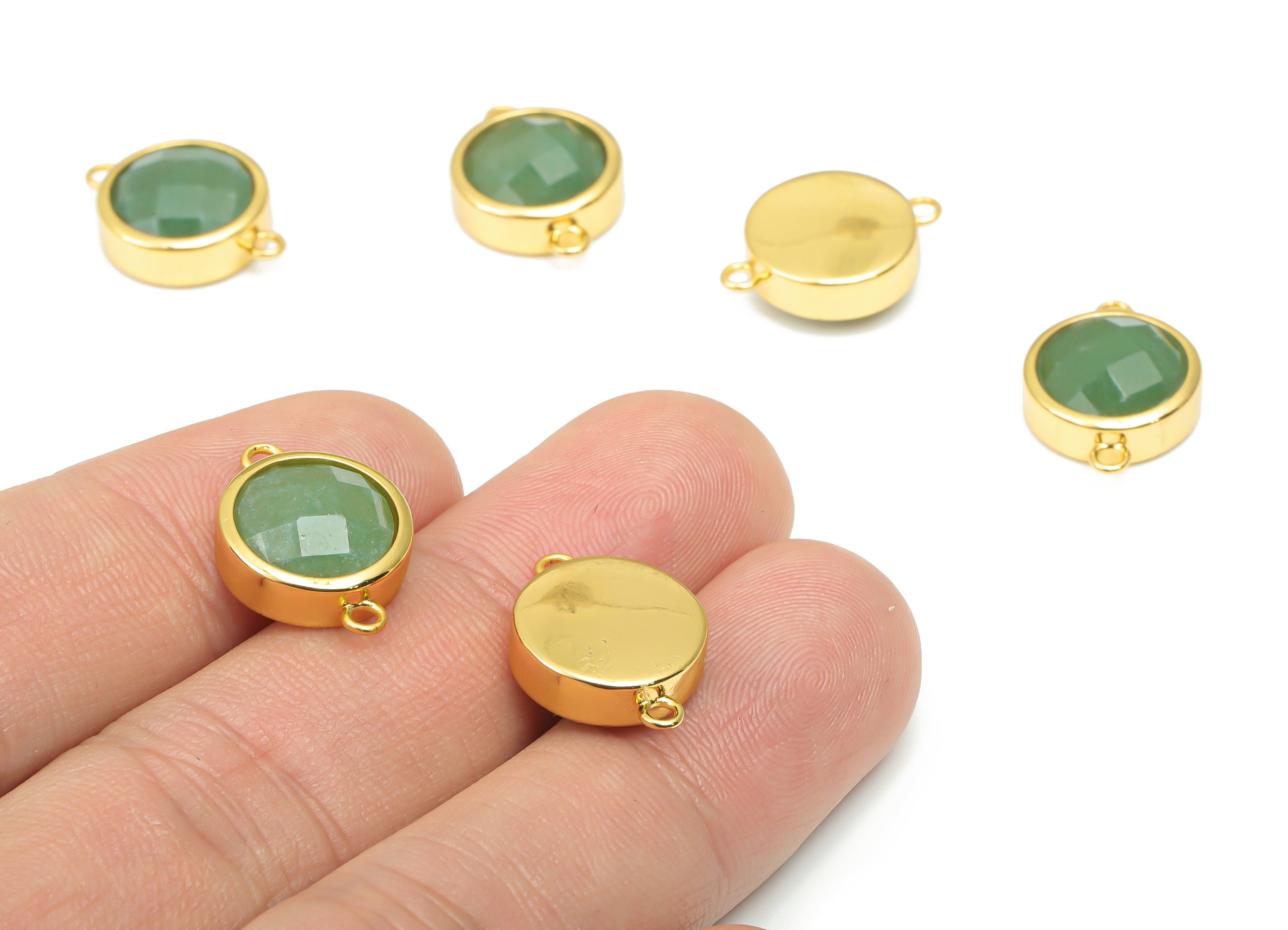 Aventurine Faceted Round Connectors - 10mm Natural Stone - Brass Circle Charms - Gold Tone Plated Brass – 17.68x12.83x6.04mm – NS1667G - DOMEDBAZAAR