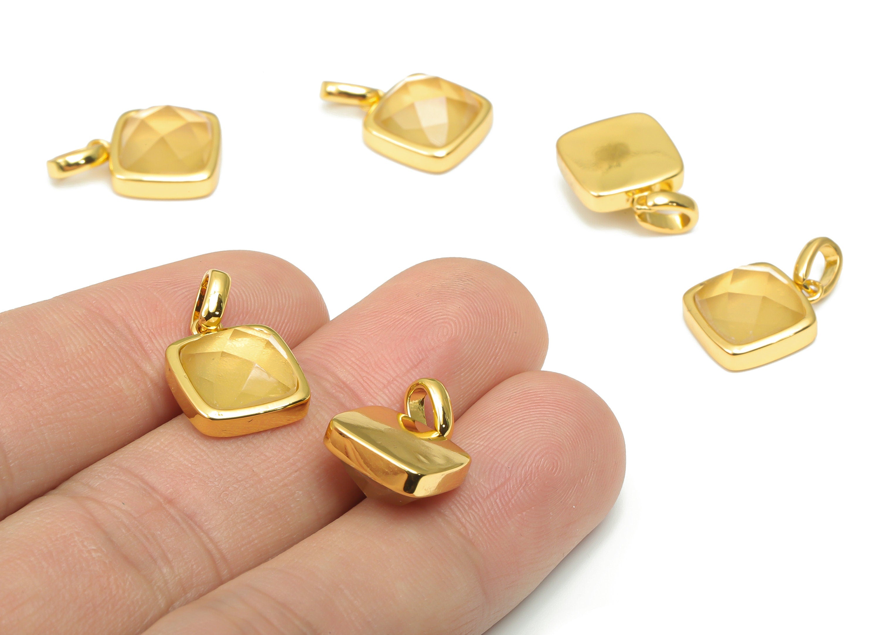 Lemon Citrine Faceted Square Earring Charms - 11mm Natural Stone - Brass Square Pendant - Gold Tone Plated Brass – 18.8x11.7x5.8mm – NS1672K - DOMEDBAZAAR