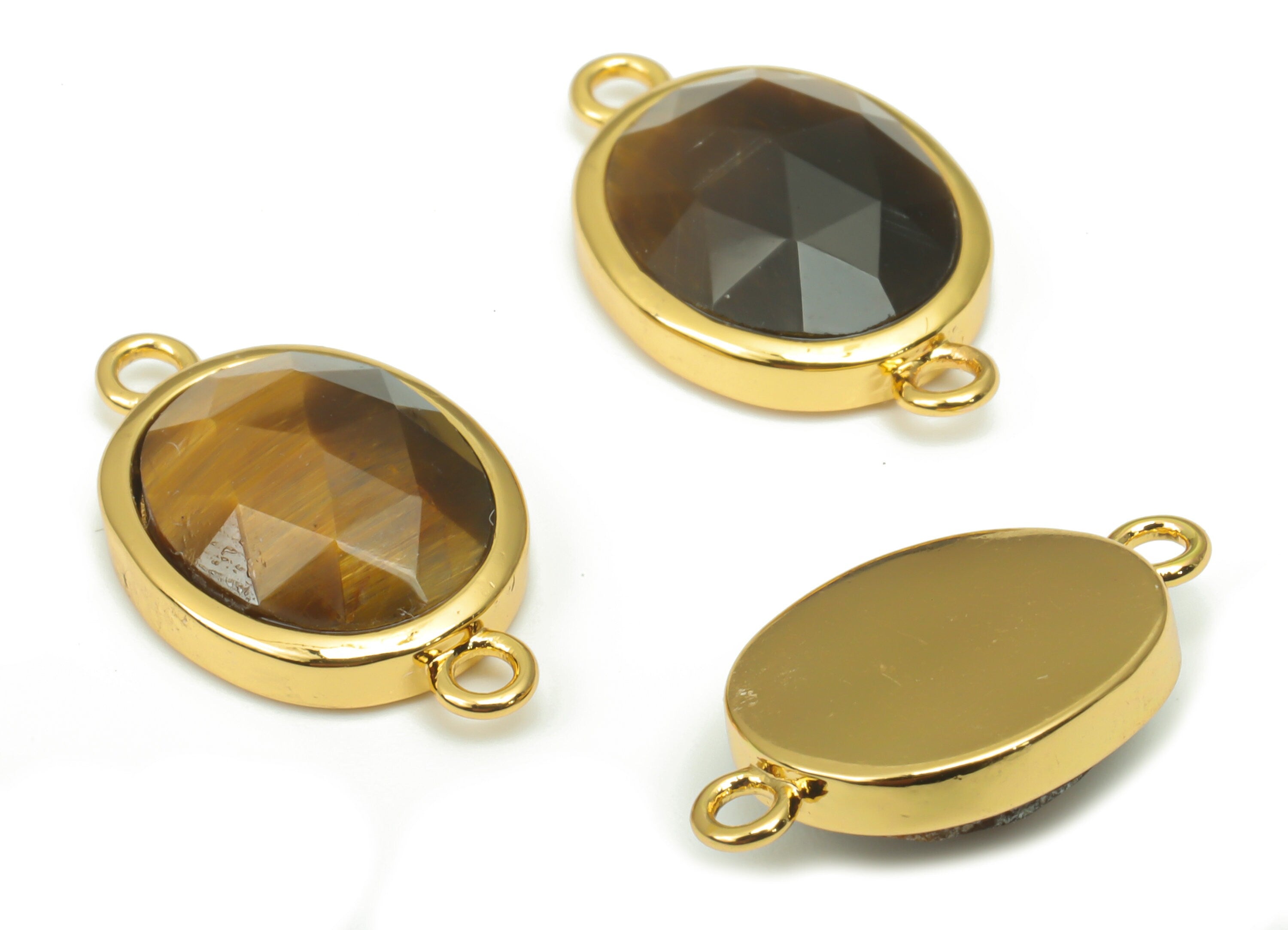 Tiger&#39;s-eye Faceted Oval Connectors - 10x12mm Natural Stone - Brass Oval Charms - Gold Tone Plated Brass – 18.15x10.95x4.7mm – NS1671F - DOMEDBAZAAR