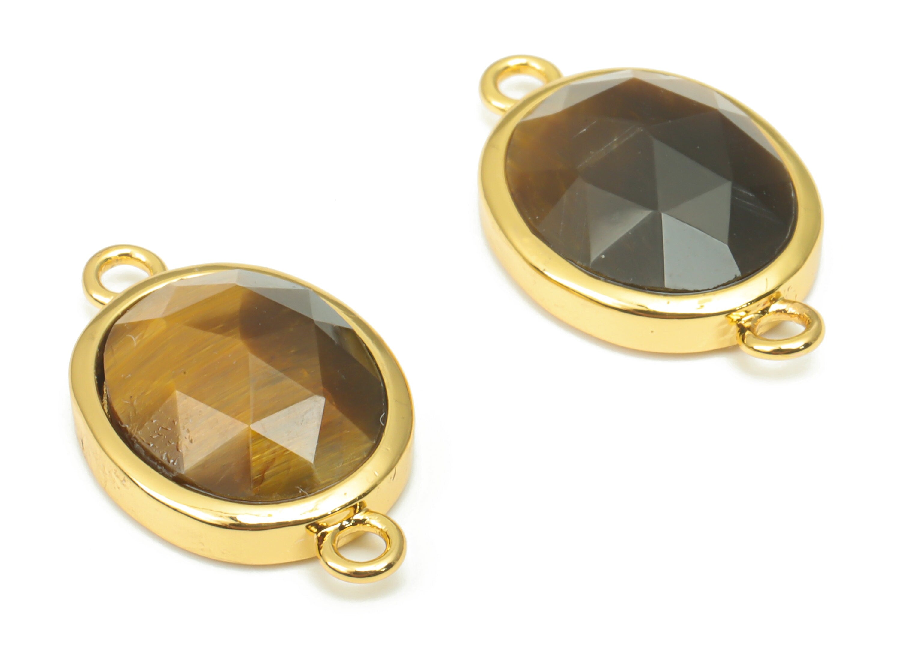 Tiger&#39;s-eye Faceted Oval Connectors - 10x12mm Natural Stone - Brass Oval Charms - Gold Tone Plated Brass – 18.15x10.95x4.7mm – NS1671F - DOMEDBAZAAR
