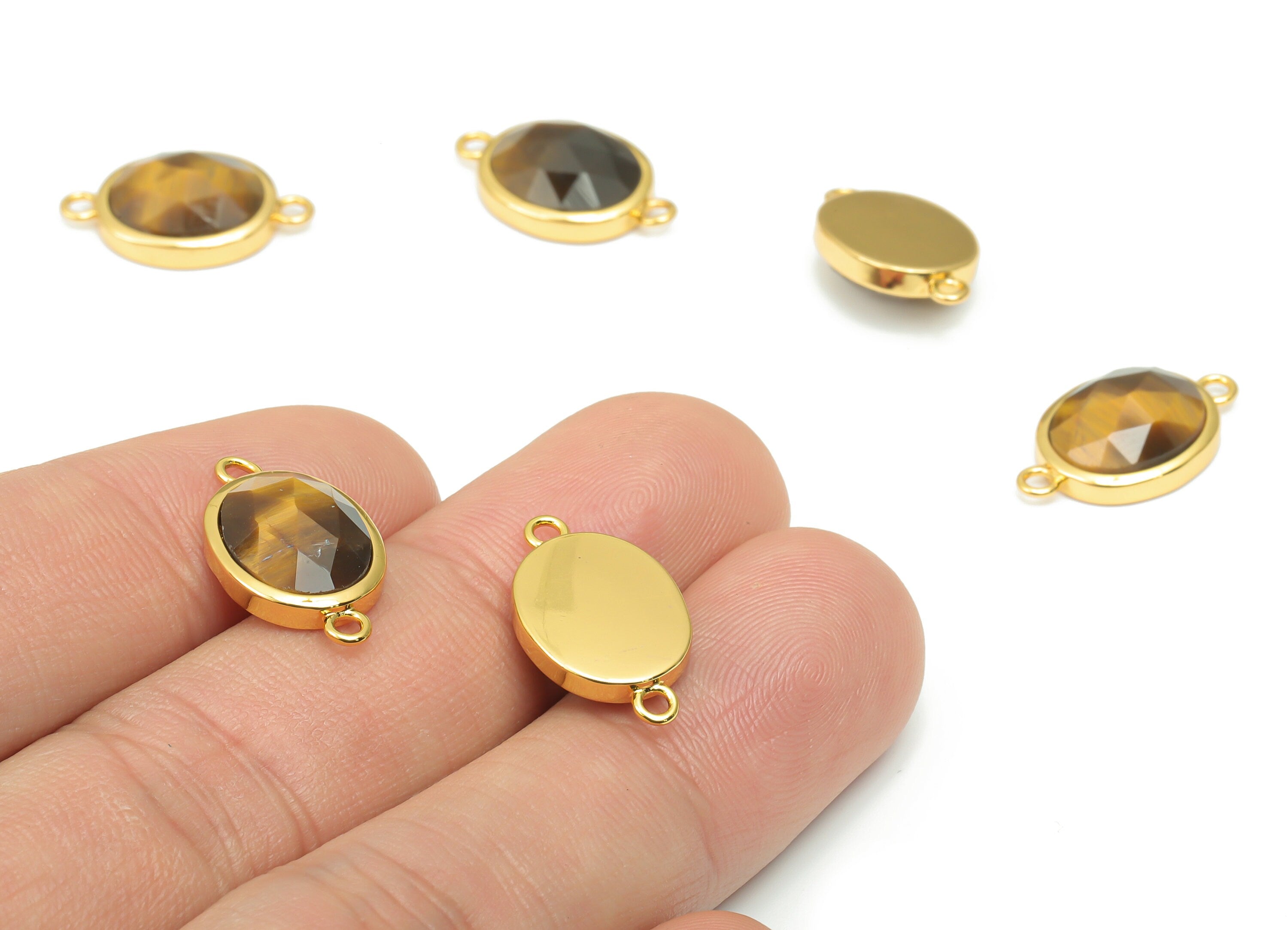 Tiger&#39;s-eye Faceted Oval Connectors - 10x12mm Natural Stone - Brass Oval Charms - Gold Tone Plated Brass – 18.15x10.95x4.7mm – NS1671F - DOMEDBAZAAR