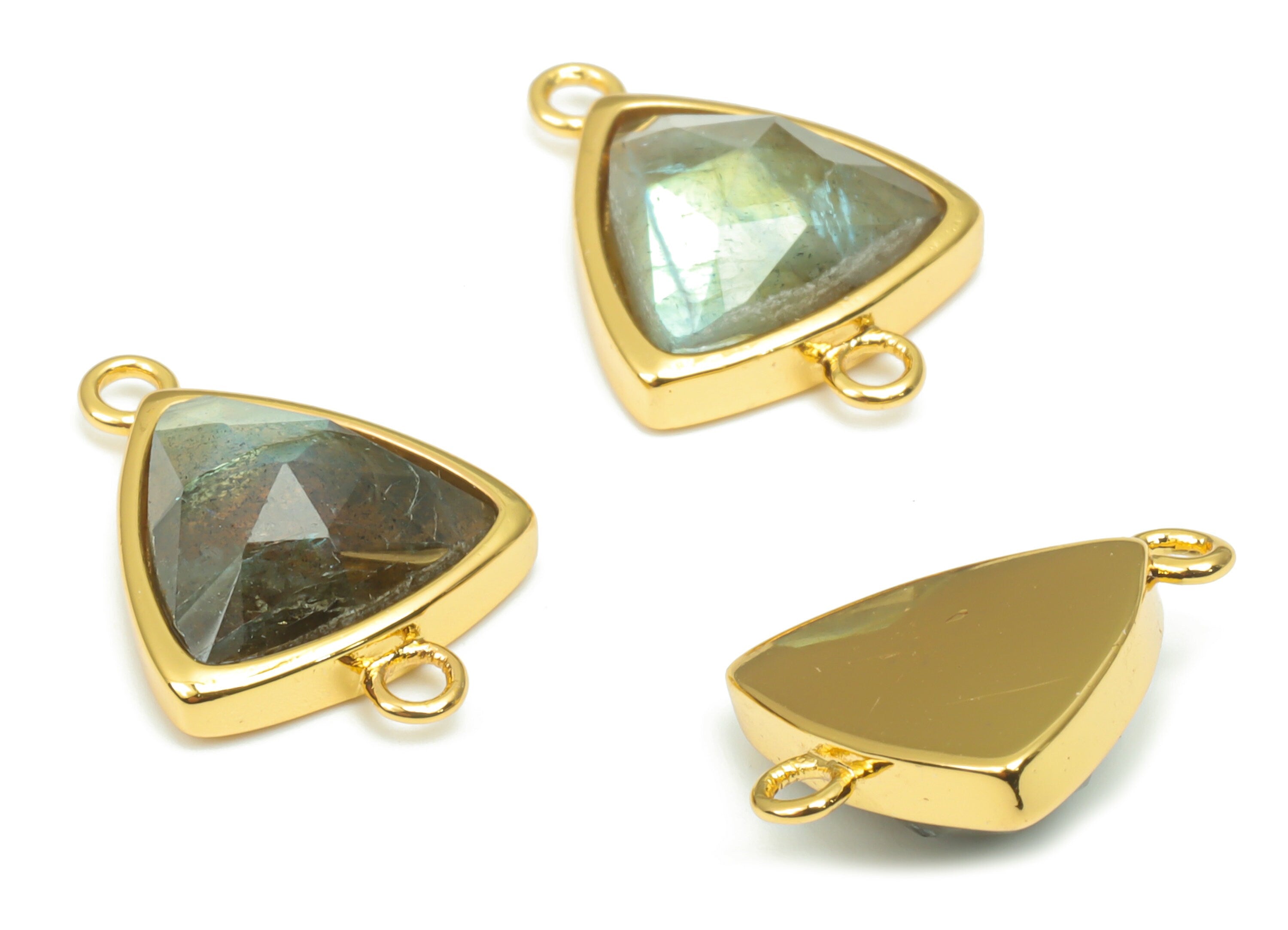 Labradorite Faceted Triangle Connector - 11mm Natural Stone - Brass Triangle Charm - Gold Tone Plated Brass – 16.9x12.3x5.7mm– NS1669L - DOMEDBAZAAR