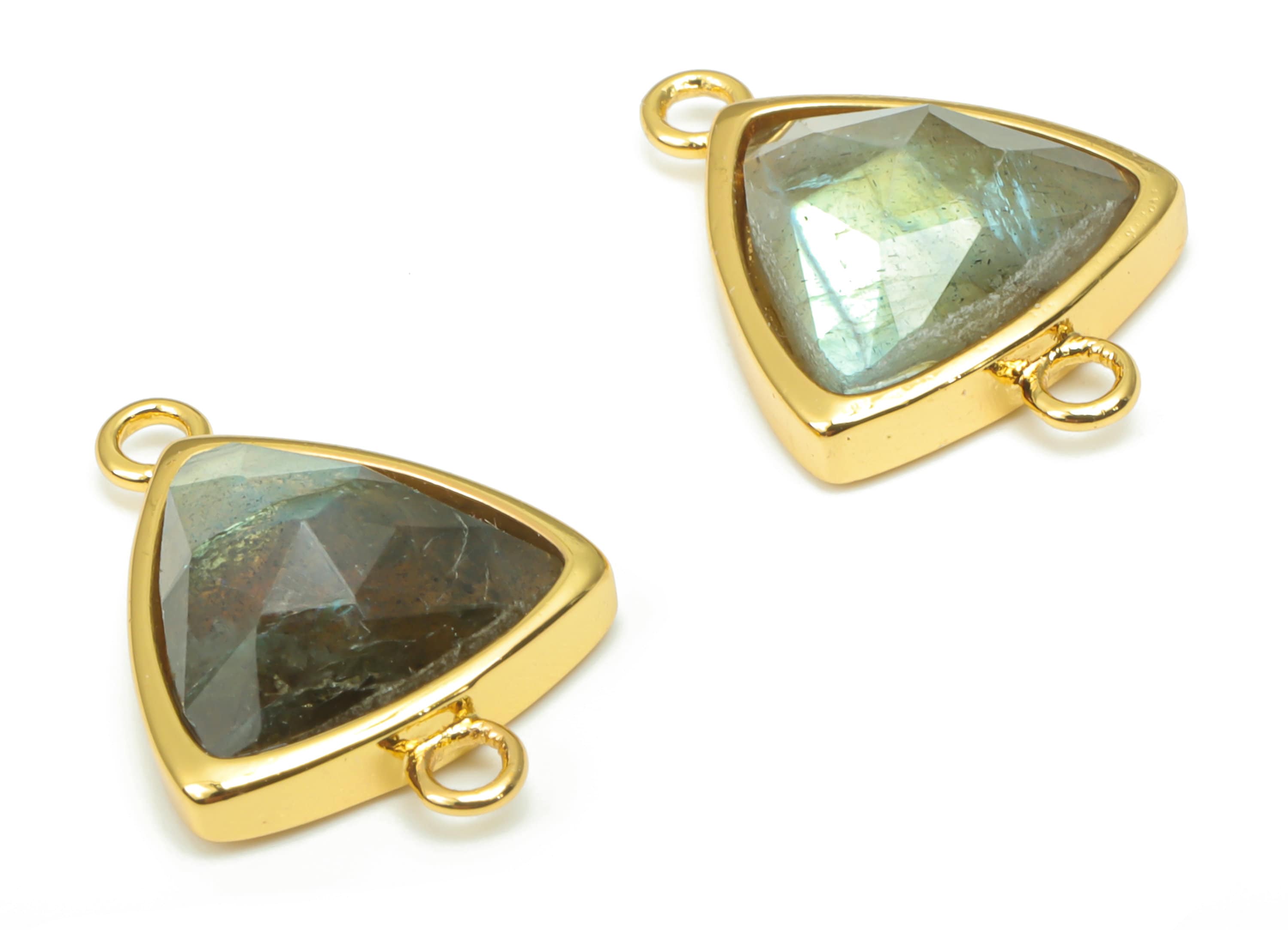 Labradorite Faceted Triangle Connector - 11mm Natural Stone - Brass Triangle Charm - Gold Tone Plated Brass – 16.9x12.3x5.7mm– NS1669L - DOMEDBAZAAR