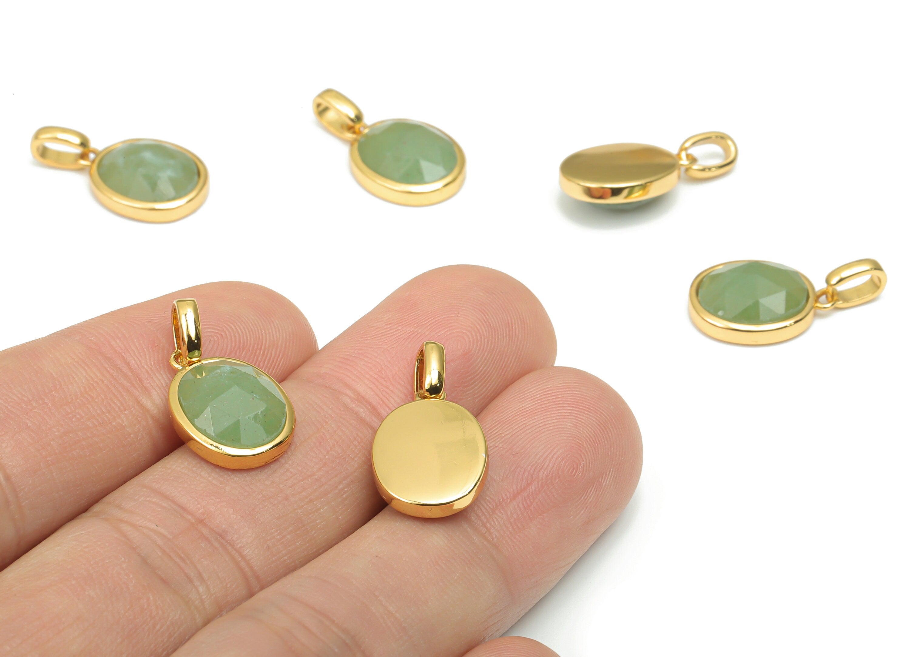 Aventurine Faceted Oval Charms With Loop - 10x12mm Natural Stone - Brass Oval Pendant - Gold Tone Plated Brass – 20.33x10.9x4.9mm – NS1670G - DOMEDBAZAAR