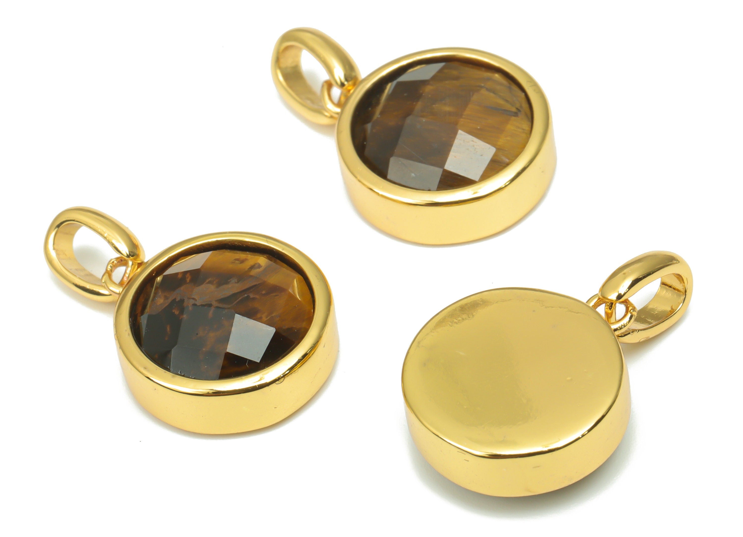 Tiger eye Natural Stone Faceted Round Earring Charms With Loop - Brass Circle Pendant - Gold Tone Plated Brass – 20.07x12.71x5.9mm – NS1666E - DOMEDBAZAAR