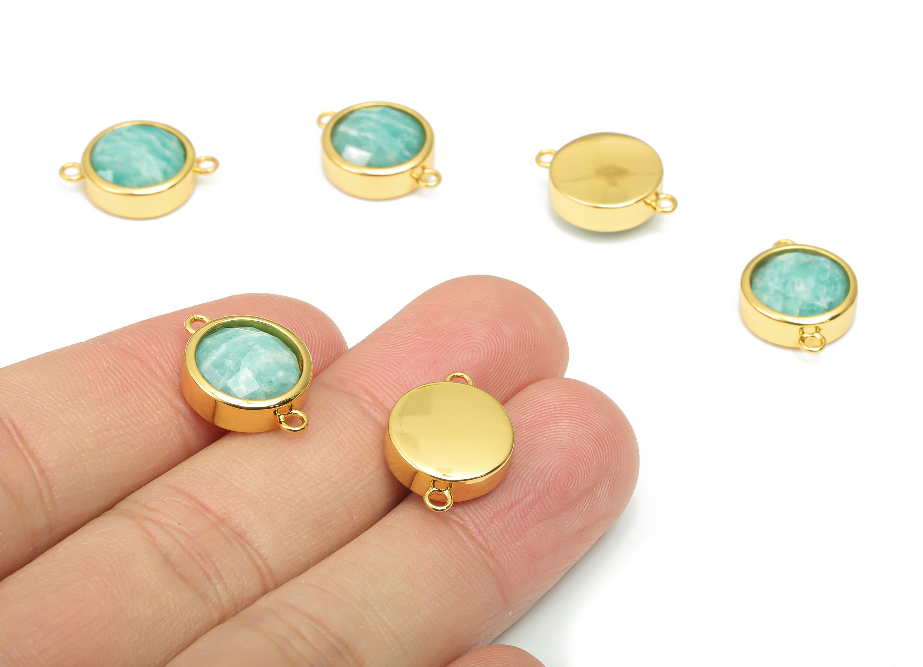 Amazonite Faceted Round Earring Connectors - 10mm Natural Stone - Brass Circle Charms - Gold Tone Plated Brass – 17.68x12.83x6mm – NS1667J - DOMEDBAZAAR