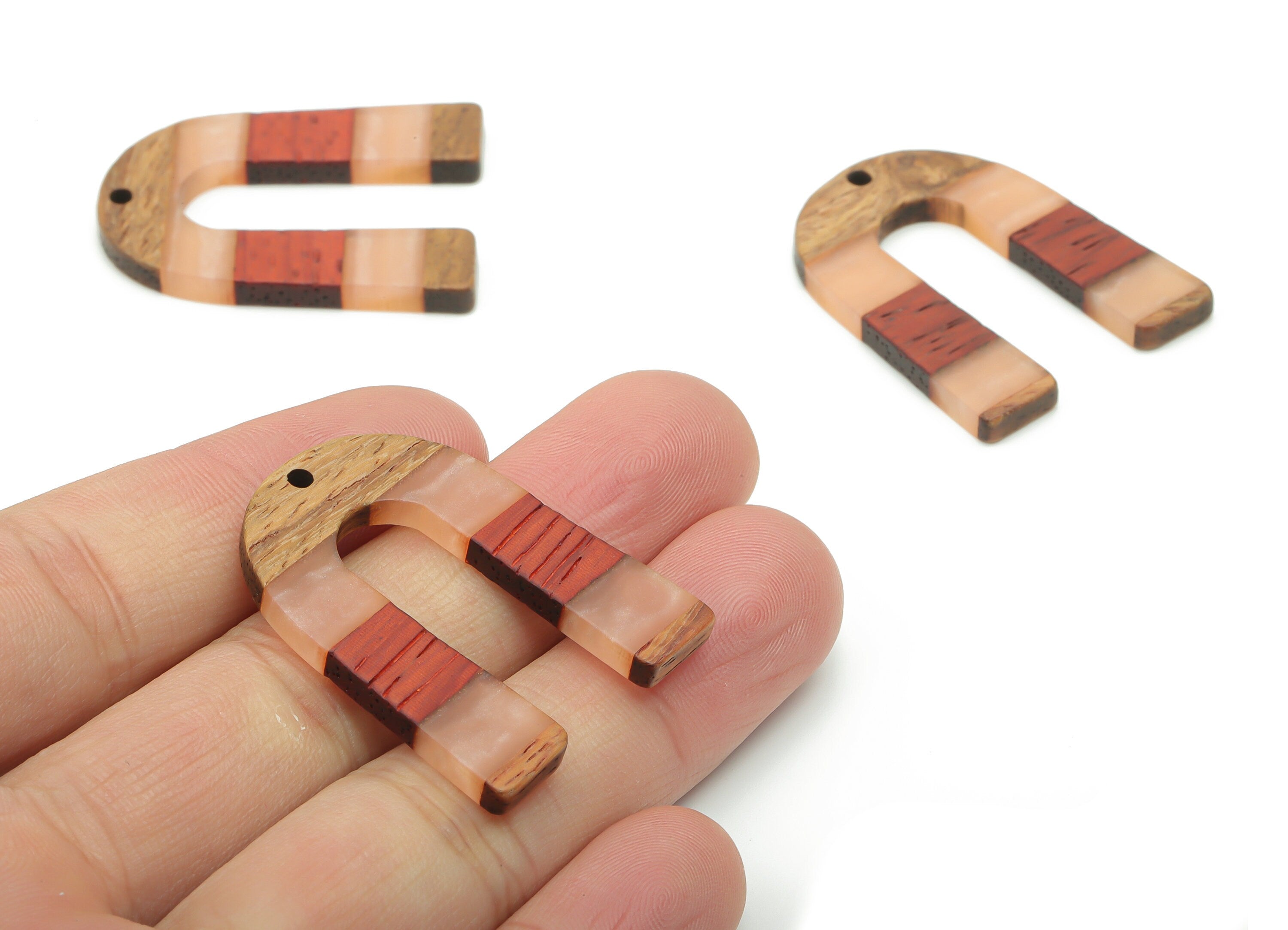 Walnut Wood U Earring Charms - Resin Semi circle Pendant - Apricot Red& Coffee Resin U - Jewelry Supplies - 36.89x28.06x3.05mm - BB1107B - DOMEDBAZAAR