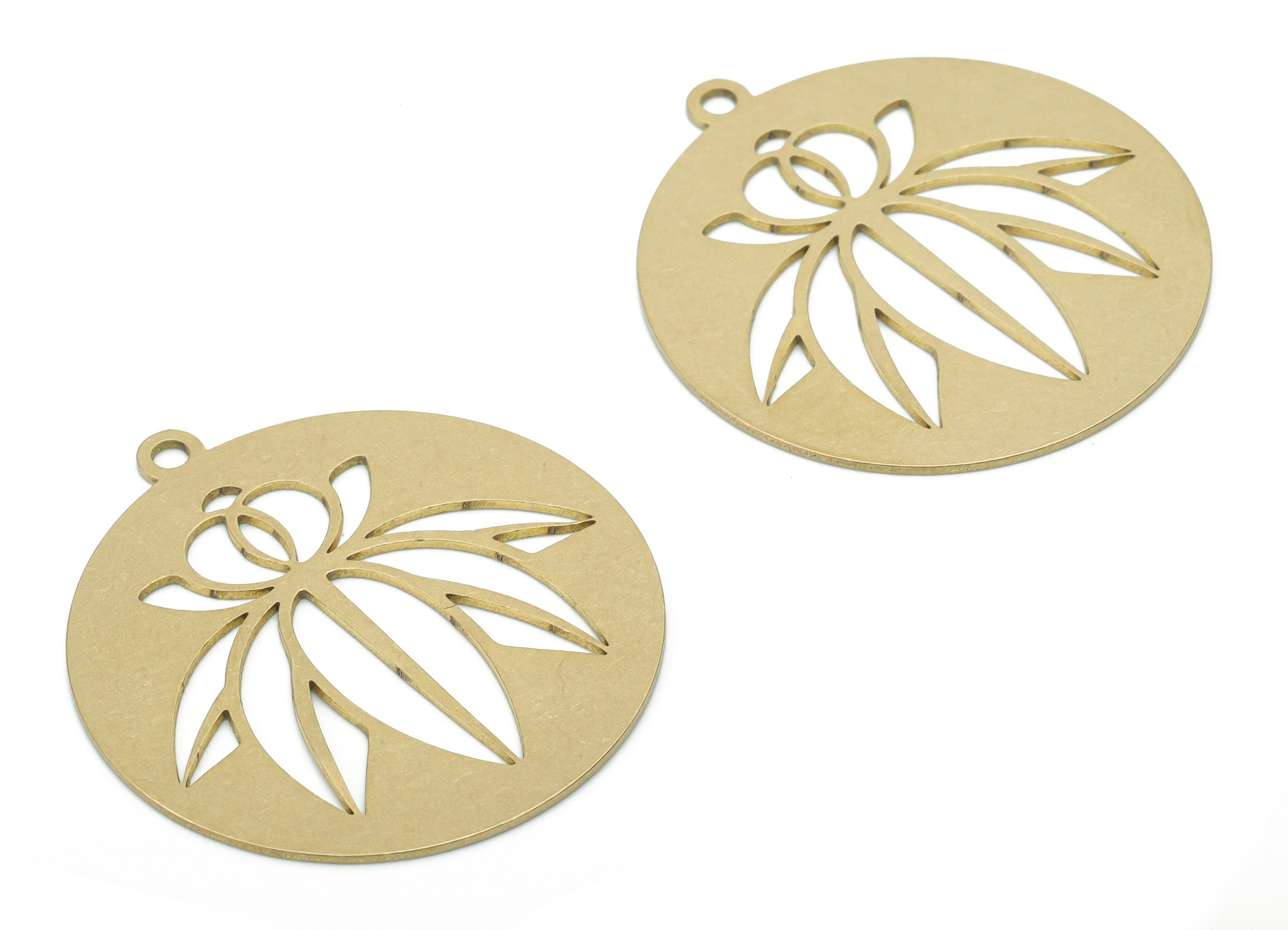 Brass Round Lotus Earring Charms - Raw Brass Flower Circle Pendant - DIY Jewelry Making Supplies - 34.86x31.9x0.64mm - PPA2804 - DOMEDBAZAAR