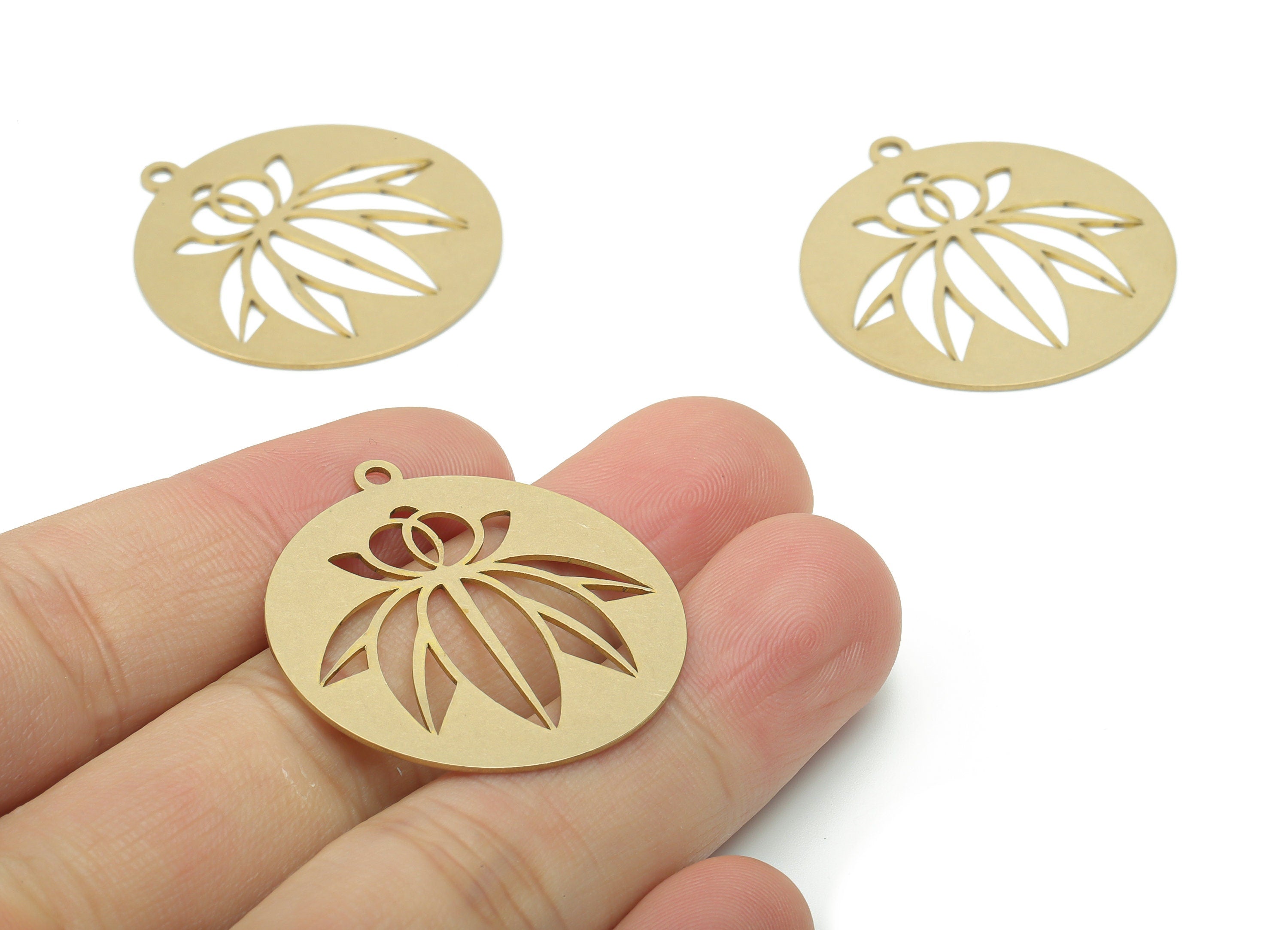 Brass Round Lotus Earring Charms - Raw Brass Flower Circle Pendant - DIY Jewelry Making Supplies - 34.86x31.9x0.64mm - PPA2804 - DOMEDBAZAAR