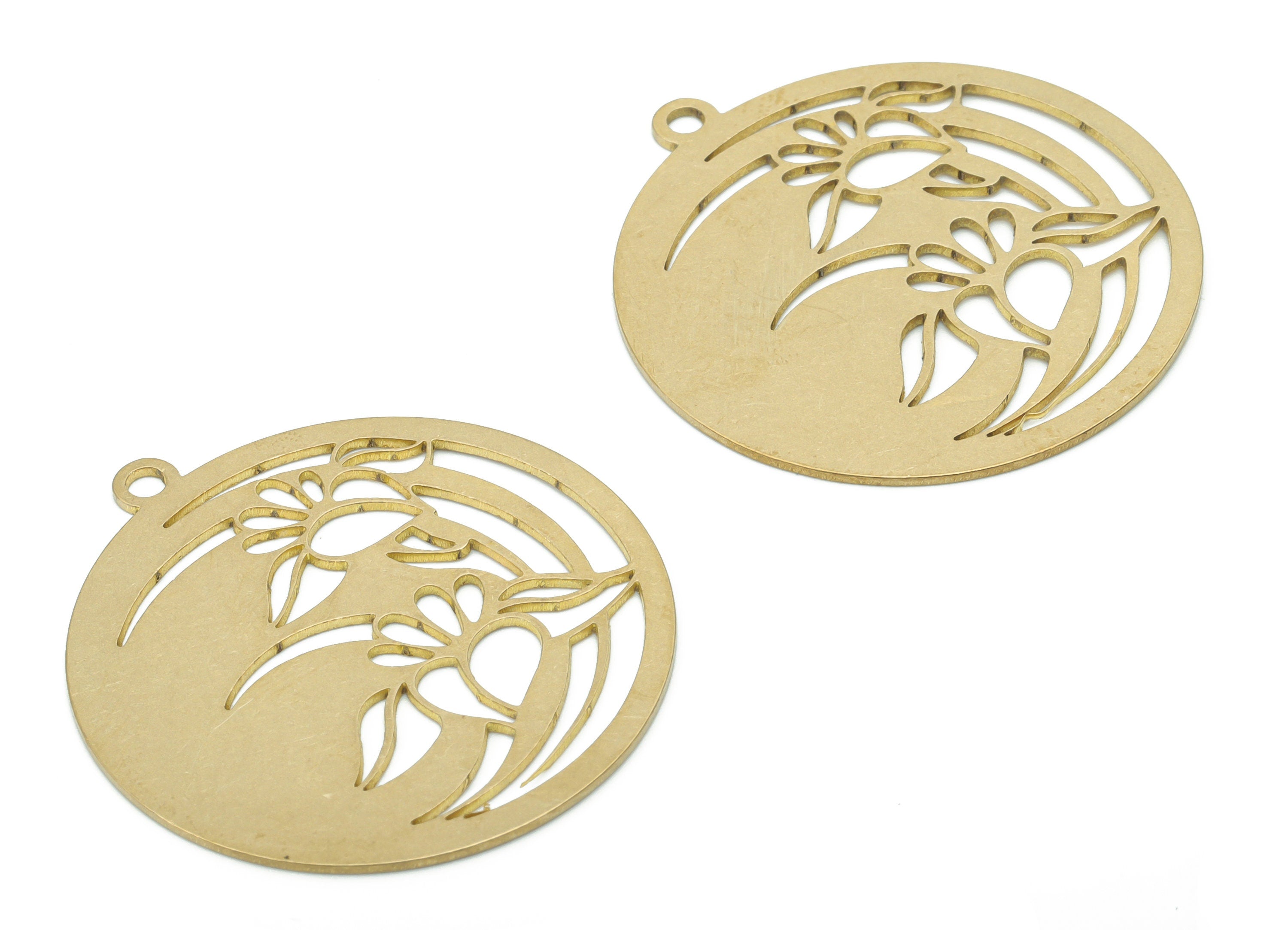 Brass Round Crescent Earring Charms - Raw Brass Moon Flower Circle Pendant - DIY Jewelry Making Supplies - 34.65x31.83x0.64mm - PPA2813 - DOMEDBAZAAR